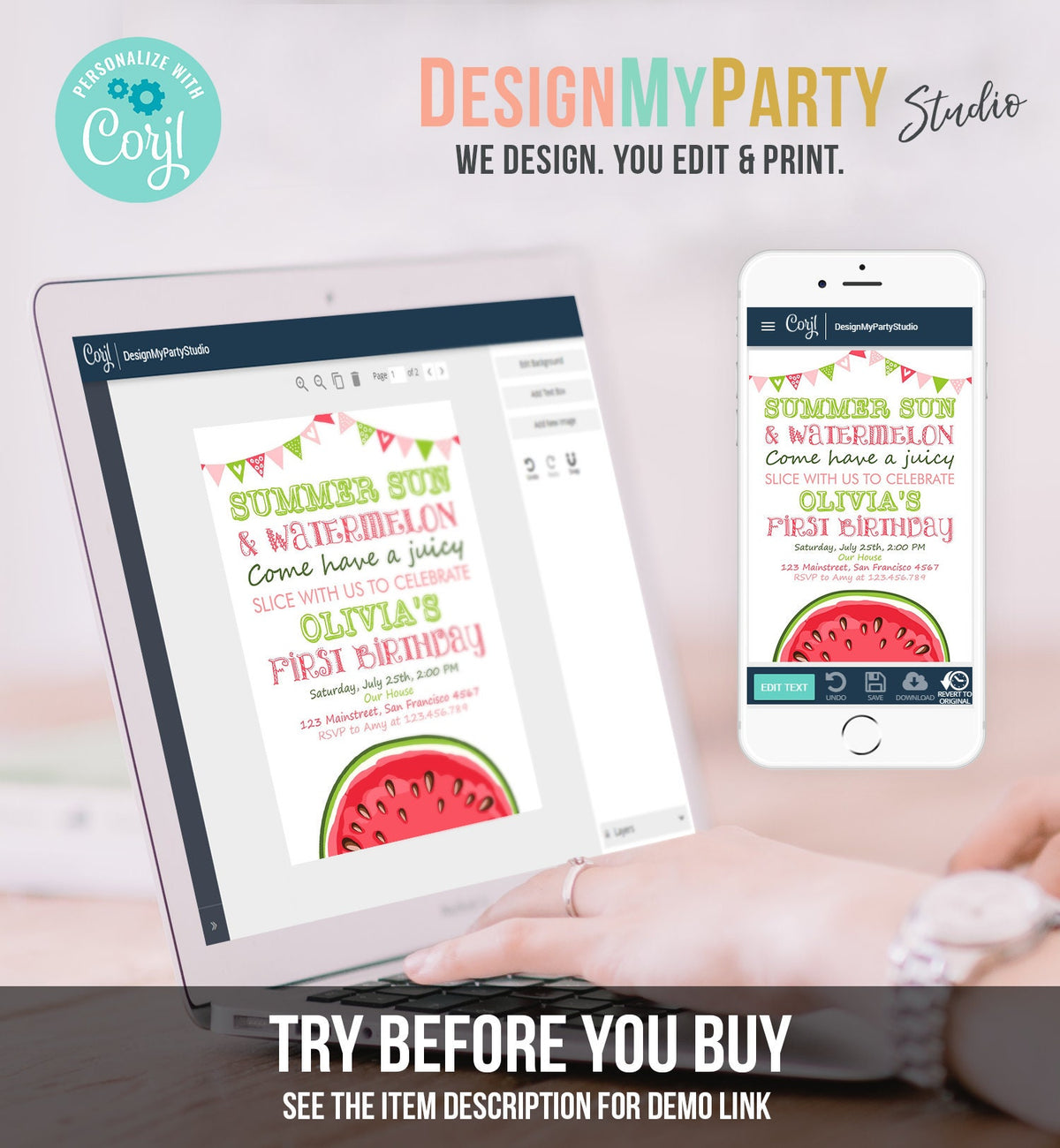 Editable Watermelon Birthday Invitation Girl One in a Melon Invite Melon Party Summer Fruit Instant Download Printable Template Corjl 0251