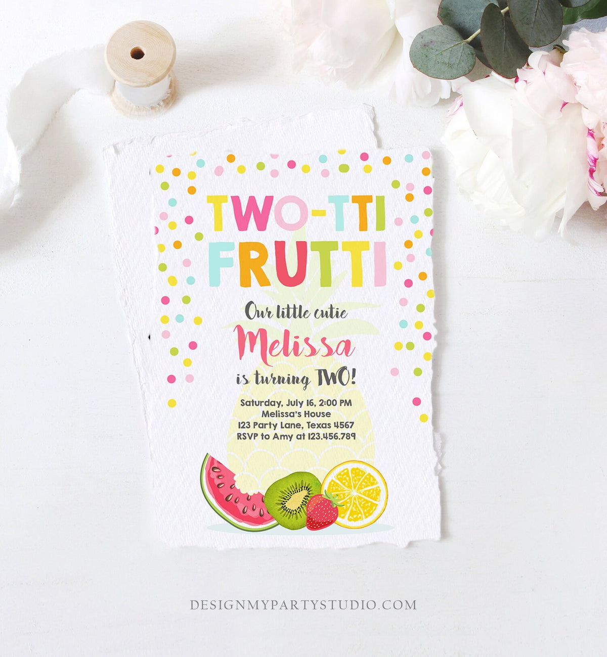 Editable Two-tti Frutti Second Birthday Invitation 2nd Party Fruit Pineapple Orange Melon Tutti Frutti Digital Download Corjl Template 0205