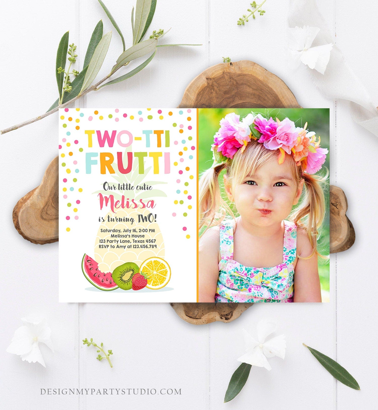 Editable Two-tti Frutti Second Birthday Invitation 2nd Party Fruit Pineapple Orange Melon Tutti Frutti Digital Download Corjl Template 0205