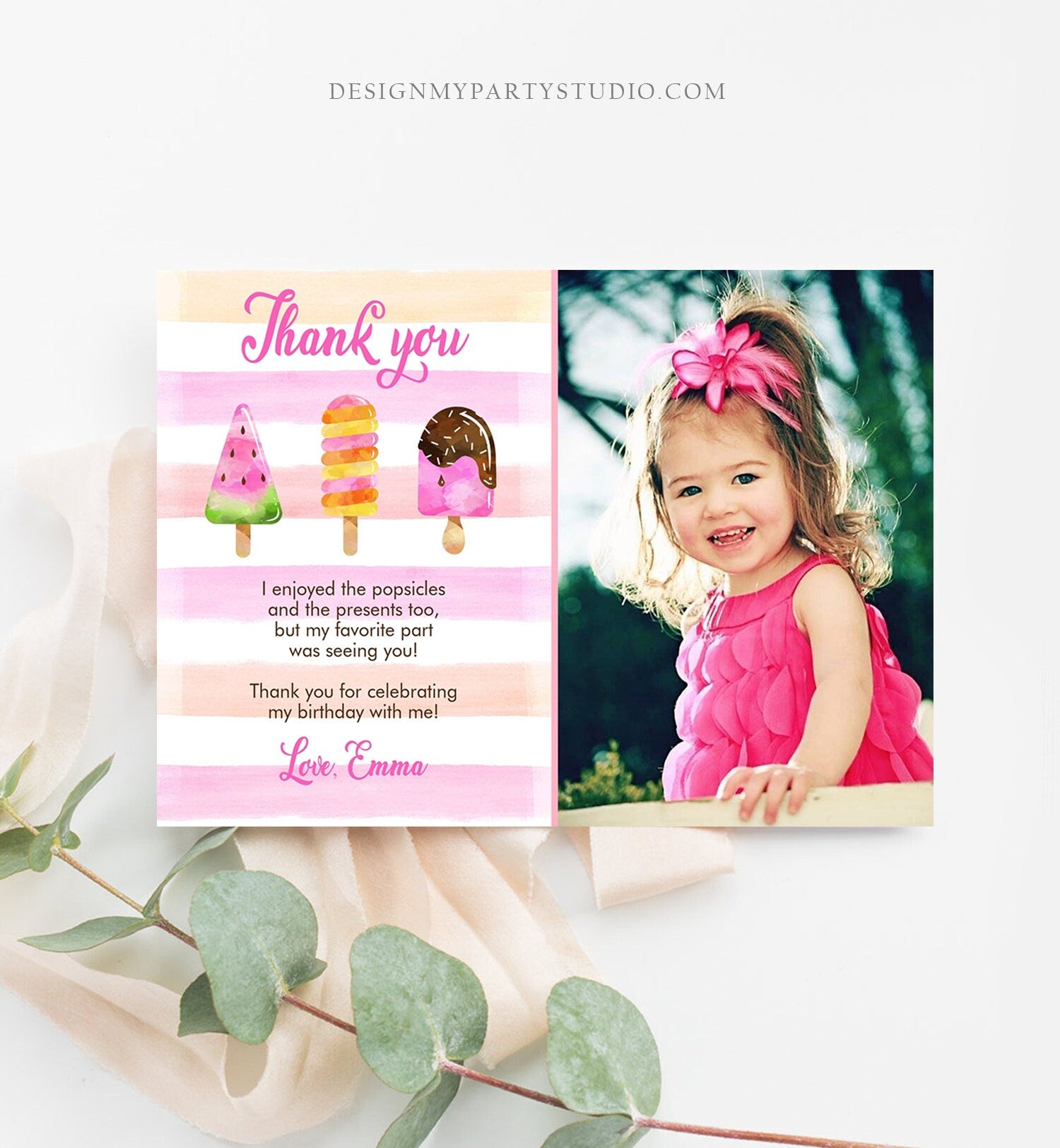 Editable Thank You Card Popsicle Thank you Note Popsicle Birthday Photo Girl Summer Ice Cream Party Download Printable Template Corjl 0143