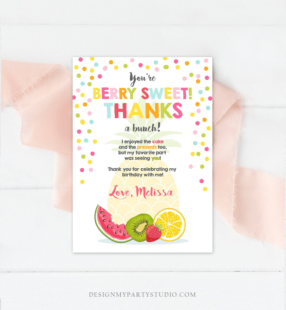 Editable Fruit Thank You Card Two-tti Frutti Party Birthday Pineapple Melon Orange Tutti Frutti  Download Printable Corjl Template 0205