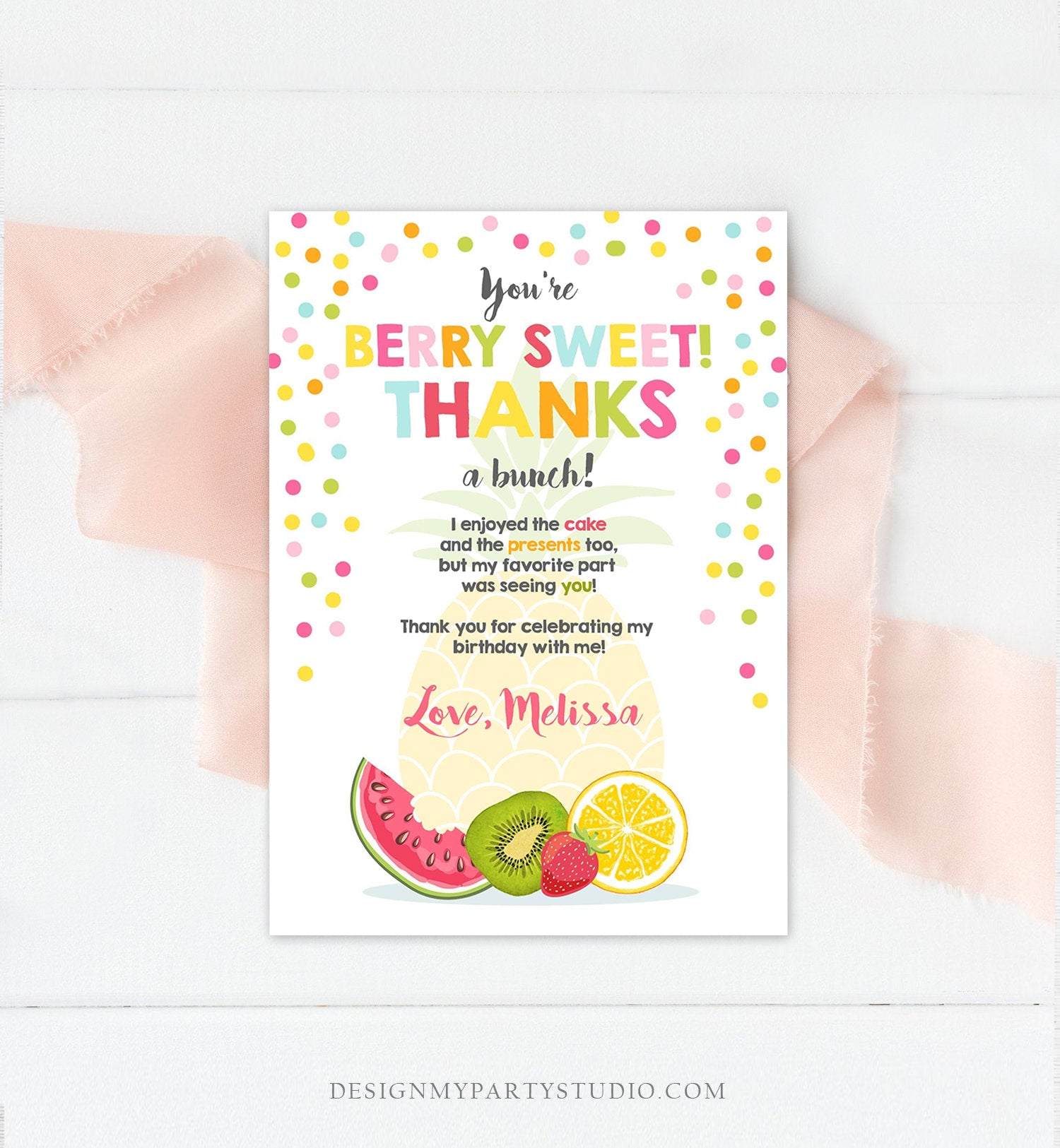 Editable Fruit Thank You Card Two-tti Frutti Party Birthday Pineapple Melon Orange Tutti Frutti  Download Printable Corjl Template 0205