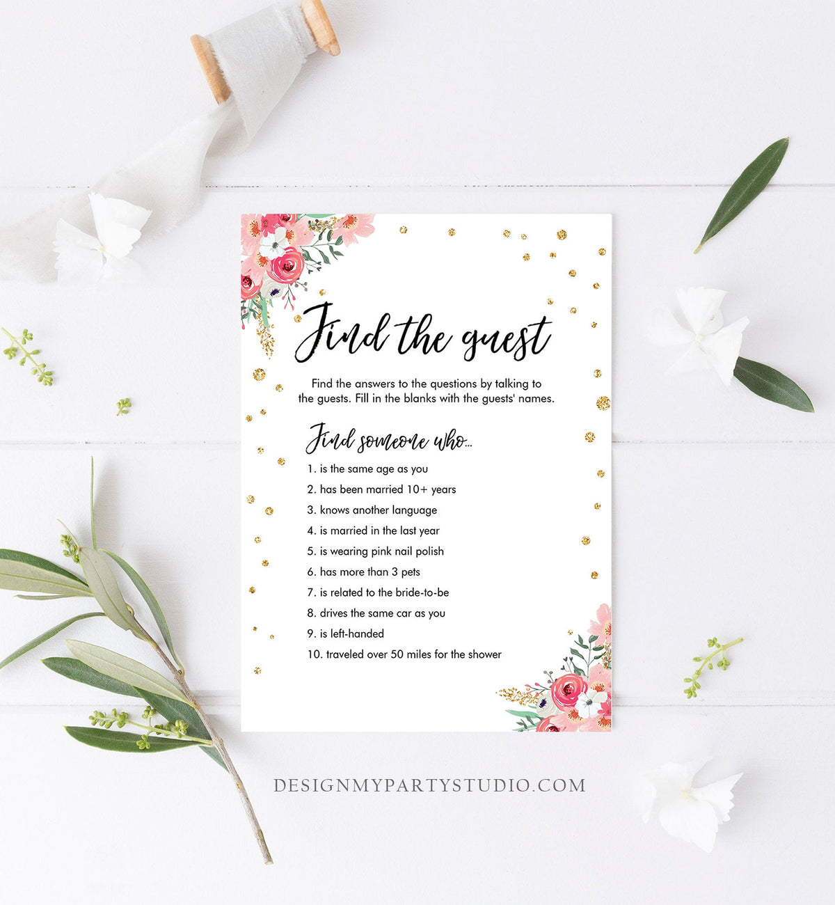 Editable Find the Guest Bridal Shower Game Wedding Shower Activity Pink Floral Gold Confetti Flowers Download Corjl Printable 0030 0318
