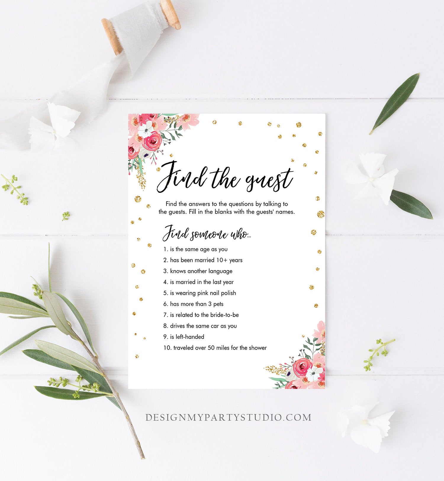 Editable Find the Guest Bridal Shower Game Wedding Shower Activity Pink Floral Gold Confetti Flowers Download Corjl Printable 0030 0318