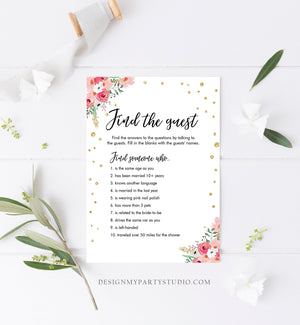 Editable Find the Guest Bridal Shower Game Wedding Shower Activity Pink Floral Gold Confetti Flowers Download Corjl Printable 0030 0318