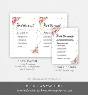 Editable Find the Guest Bridal Shower Game Wedding Shower Activity Pink Floral Gold Confetti Flowers Download Corjl Printable 0030 0318