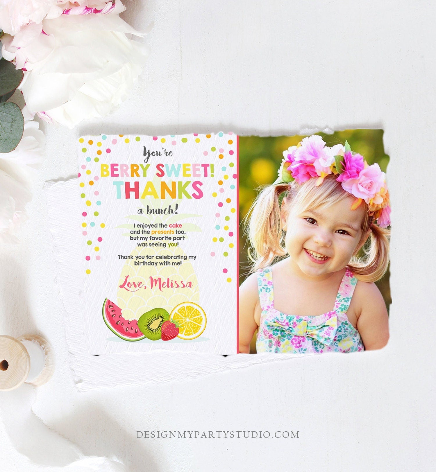 Editable Fruit Thank You Card Two-tti Frutti Party Birthday Pineapple Melon Orange Tutti Frutti Download Printable Corjl Template 0205