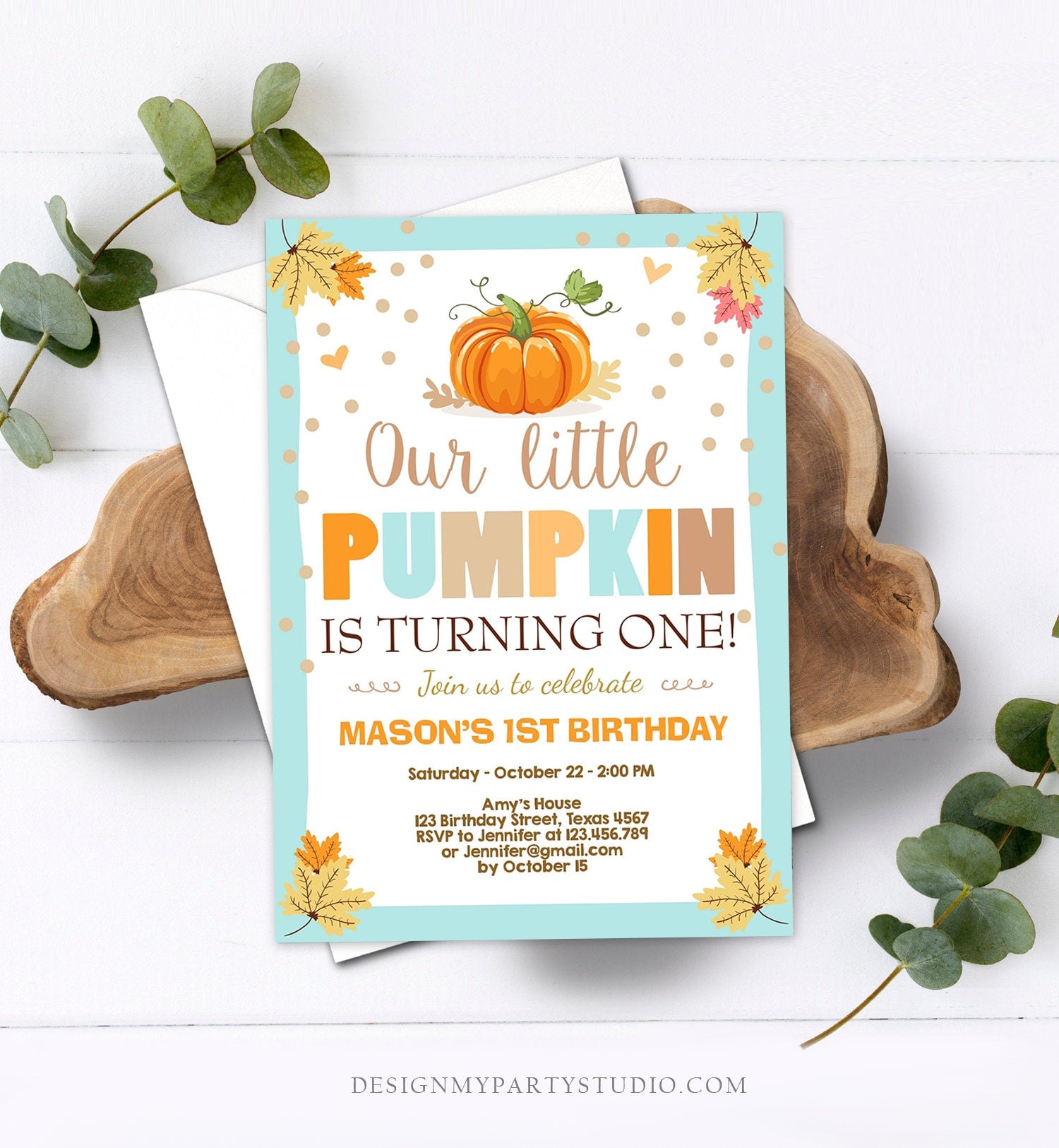 Editable Little Pumpkin Birthday Invitation Boy Blue Pumpkin Party 1st Birthday Fall Autumn Party Download Printable Template Corjl 0055