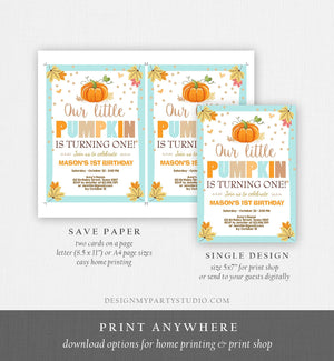 Editable Little Pumpkin Birthday Invitation Boy Blue Pumpkin Party 1st Birthday Fall Autumn Party Download Printable Template Corjl 0055