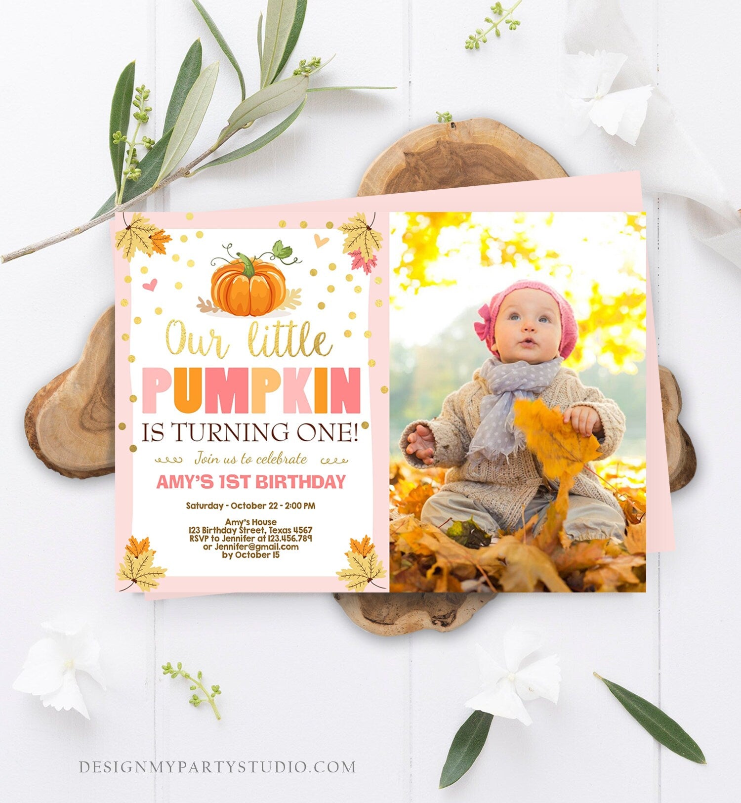 Editable Little Pumpkin Birthday Invitation Girl Pink Gold Pumpkin Party 1st Fall Autumn Party Download Printable Template Corjl 0055