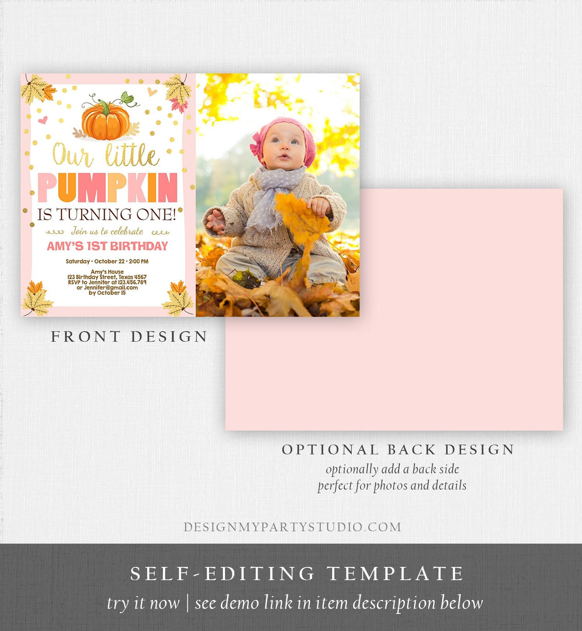 Editable Little Pumpkin Birthday Invitation Girl Pink Gold Pumpkin Party 1st Fall Autumn Party Download Printable Template Corjl 0055