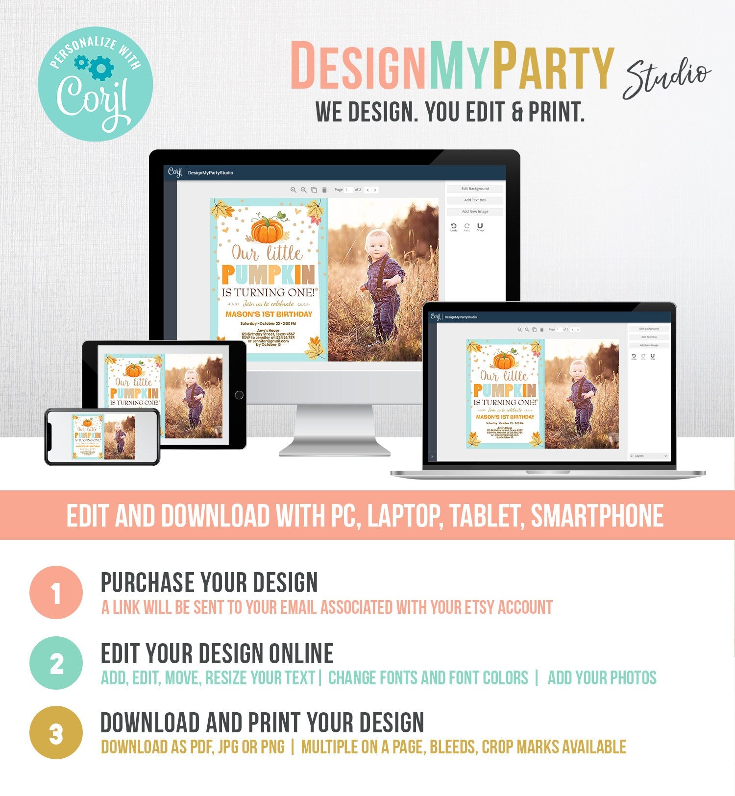 Editable Little Pumpkin Birthday Invitation Boy Blue Pumpkin Party 1st Birthday Fall Autumn Party Download Printable Template Corjl 0055