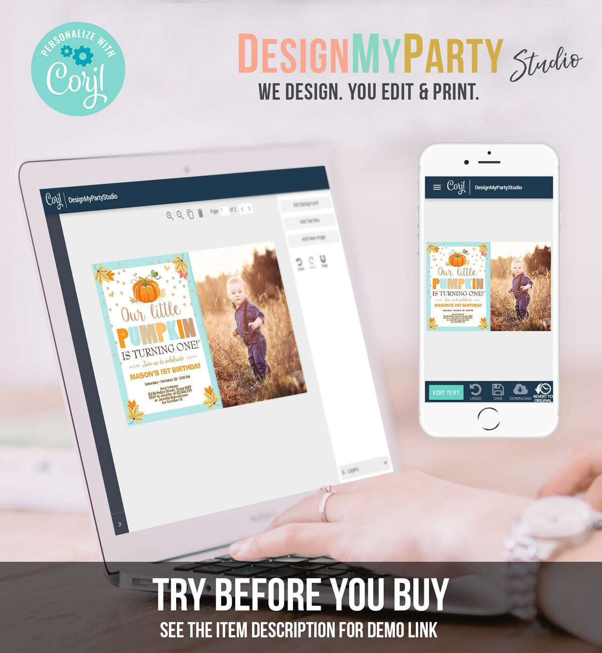 Editable Little Pumpkin Birthday Invitation Boy Blue Pumpkin Party 1st Birthday Fall Autumn Party Download Printable Template Corjl 0055