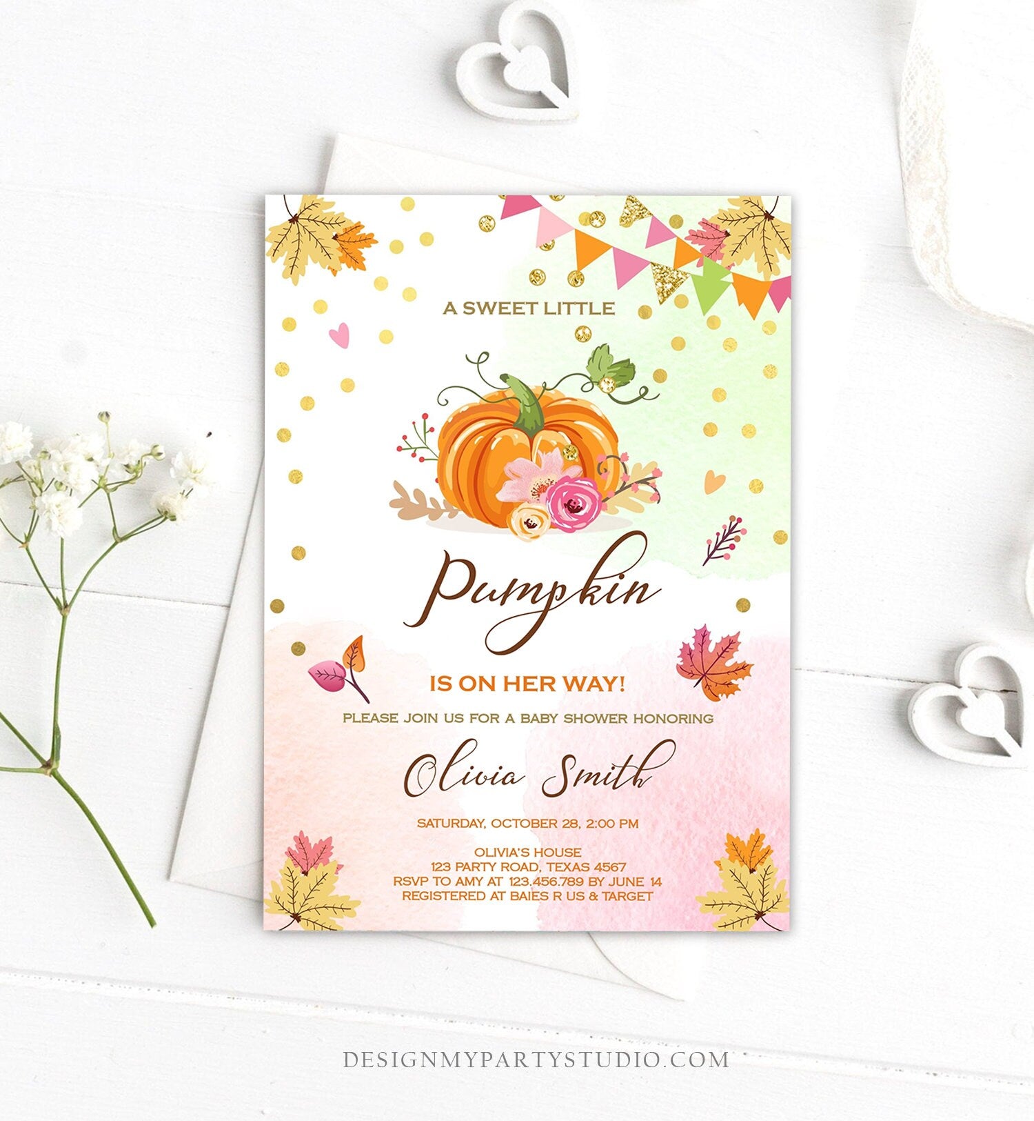 Editable Pumpkin Baby Shower invitation Rustic Pink and Gold Girl Shower Autumn Fall Shower Template Instant Download Digital Corjl 0056