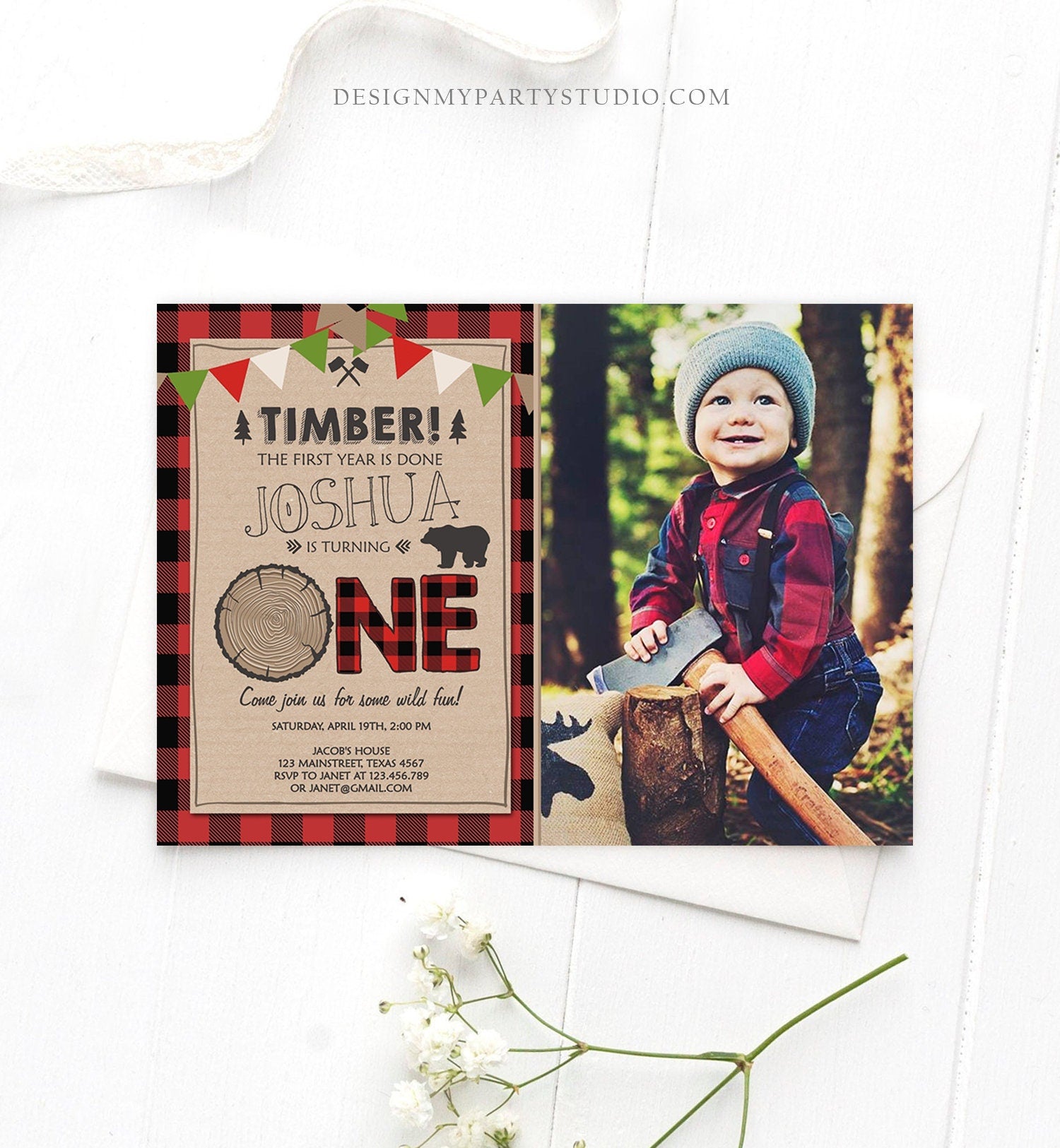 Editable Lumberjack Birthday Invitation Rustic Woodland Birthday Bear Forest Red Plaid Instant Download Printable Template Corjl 0026