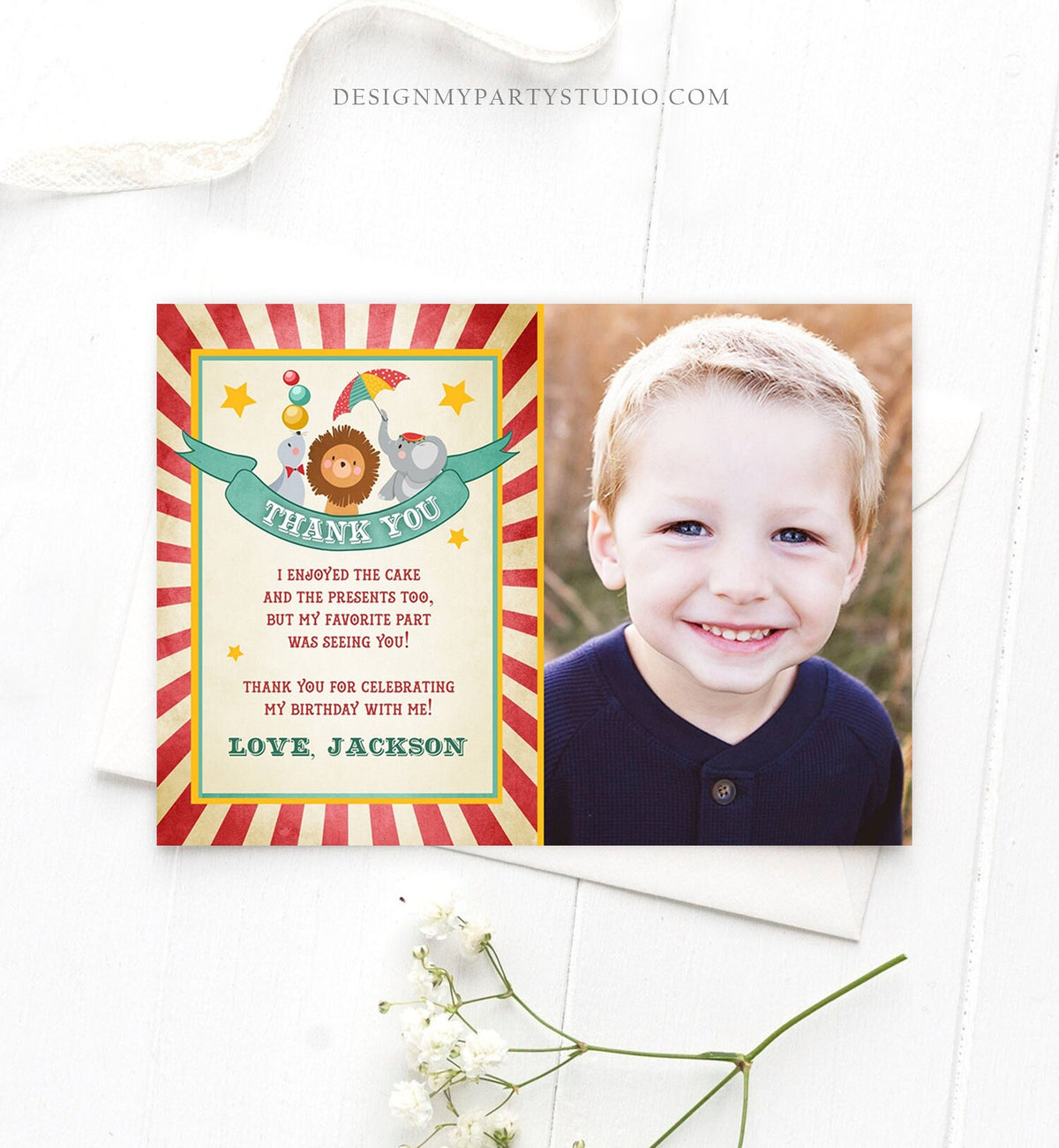 Editable Circus Carnival Thank You Card Vintage Festival Circus Big Fair Red Boy Girl Instant Download Printable Template Corjl Digital 0013