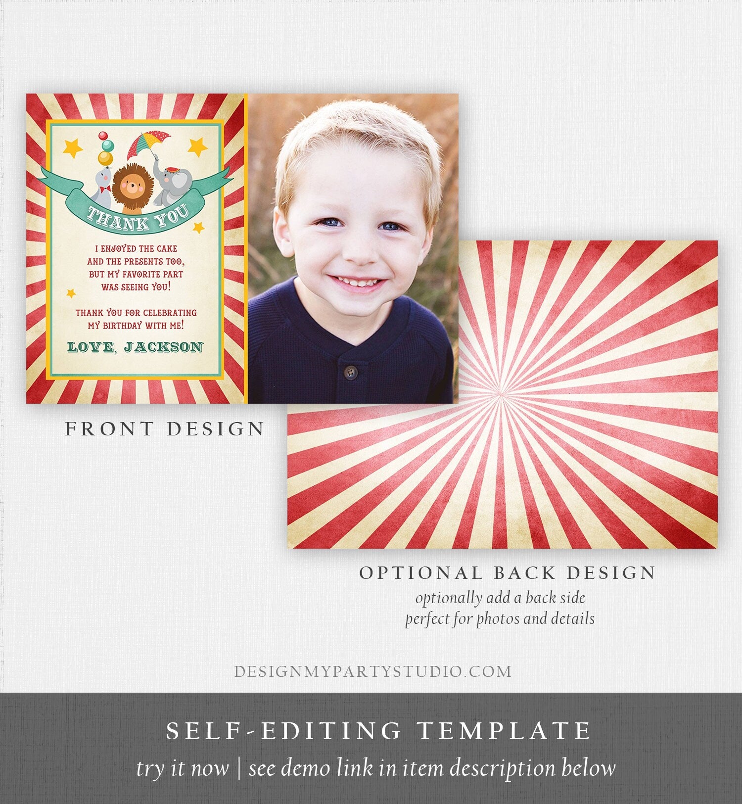 Editable Circus Carnival Thank You Card Vintage Festival Circus Big Fair Red Boy Girl Instant Download Printable Template Corjl Digital 0013