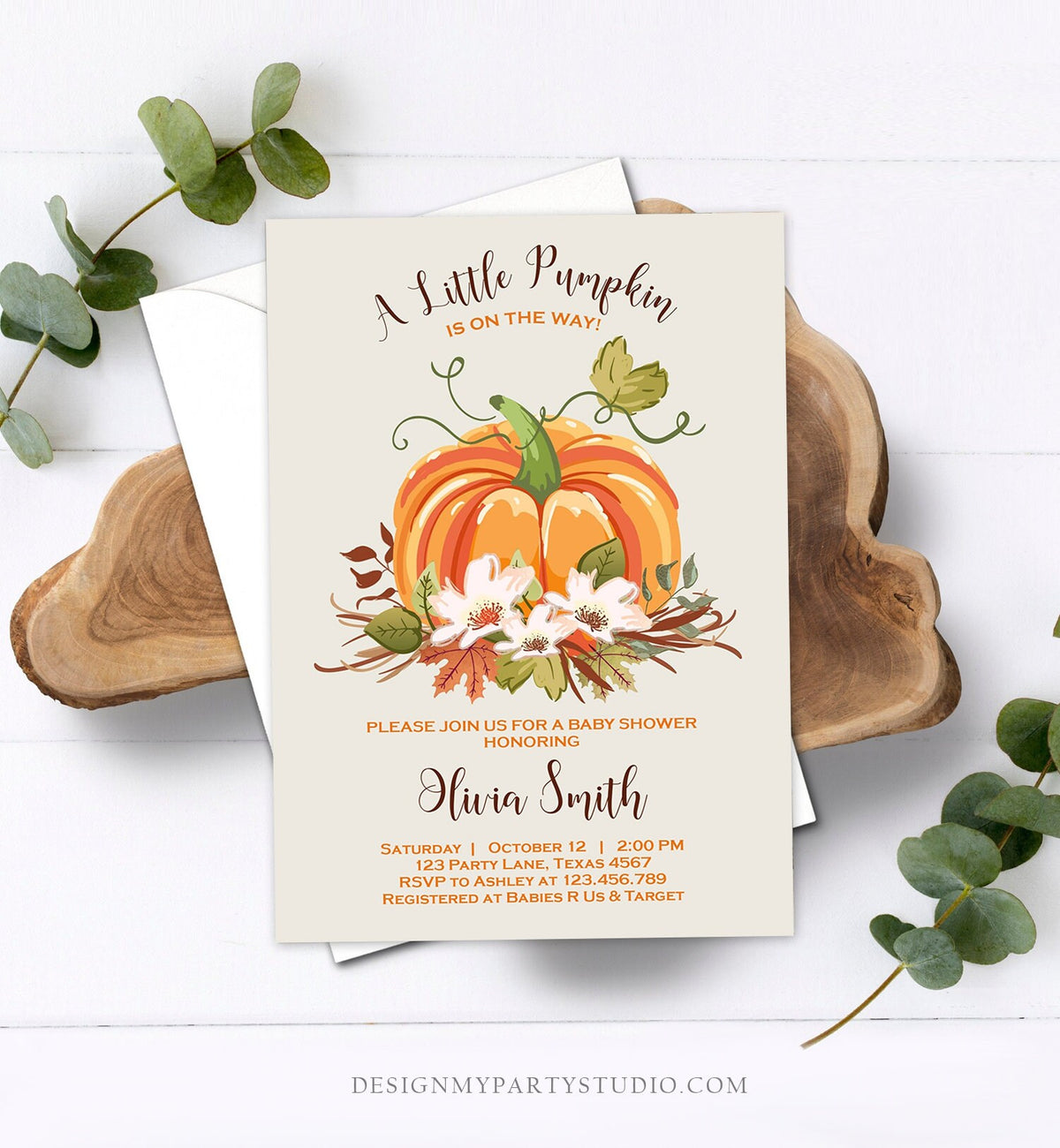 Editable Pumpkin Baby Shower invitation Rustic Gender Neutral Brown Shower Autumn Fall Invitation Template Download Digital Corjl 0049
