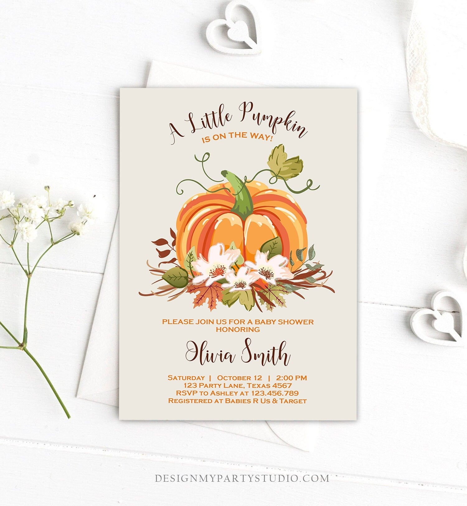 Editable Pumpkin Baby Shower invitation Rustic Gender Neutral Brown Shower Autumn Fall Invitation Template Download Digital Corjl 0049