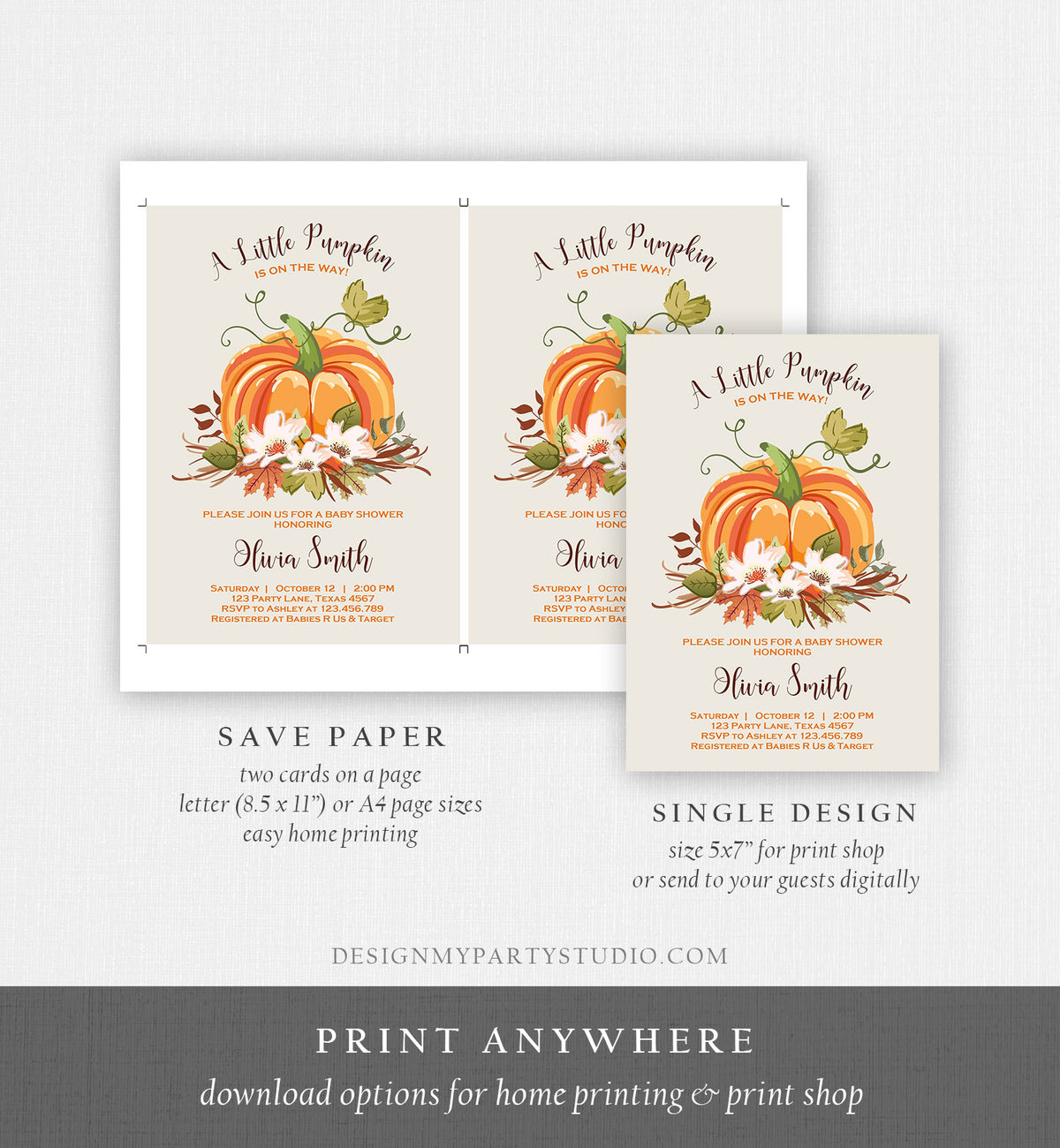 Editable Pumpkin Baby Shower invitation Rustic Gender Neutral Brown Shower Autumn Fall Invitation Template Download Digital Corjl 0049