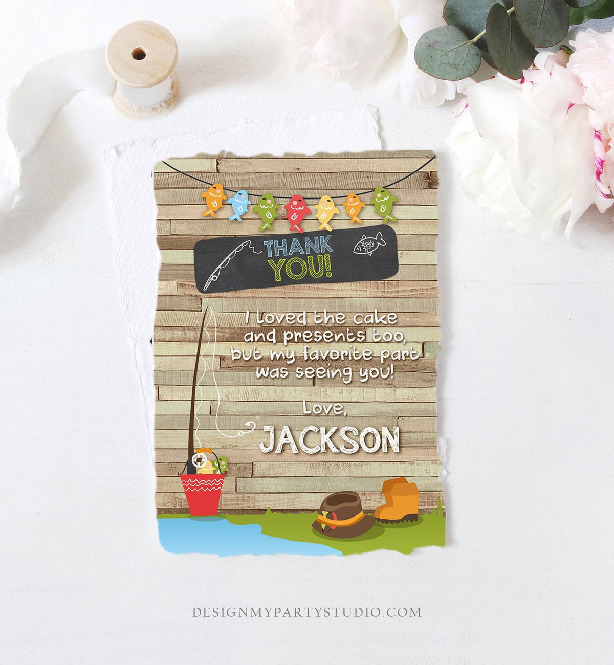 Editable Fishing Thank You Card Boy Birthday o-Fish-Ally Wood 1st First Birthday Gone Fishing Digital Download Printable Corjl Template 0080