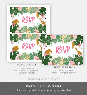 Editable RSVP Card Safari Animals Wild One Girl Birthday Party Jungle Wild Animals Pink Gold Response Postcard Corjl Template Printable 0016
