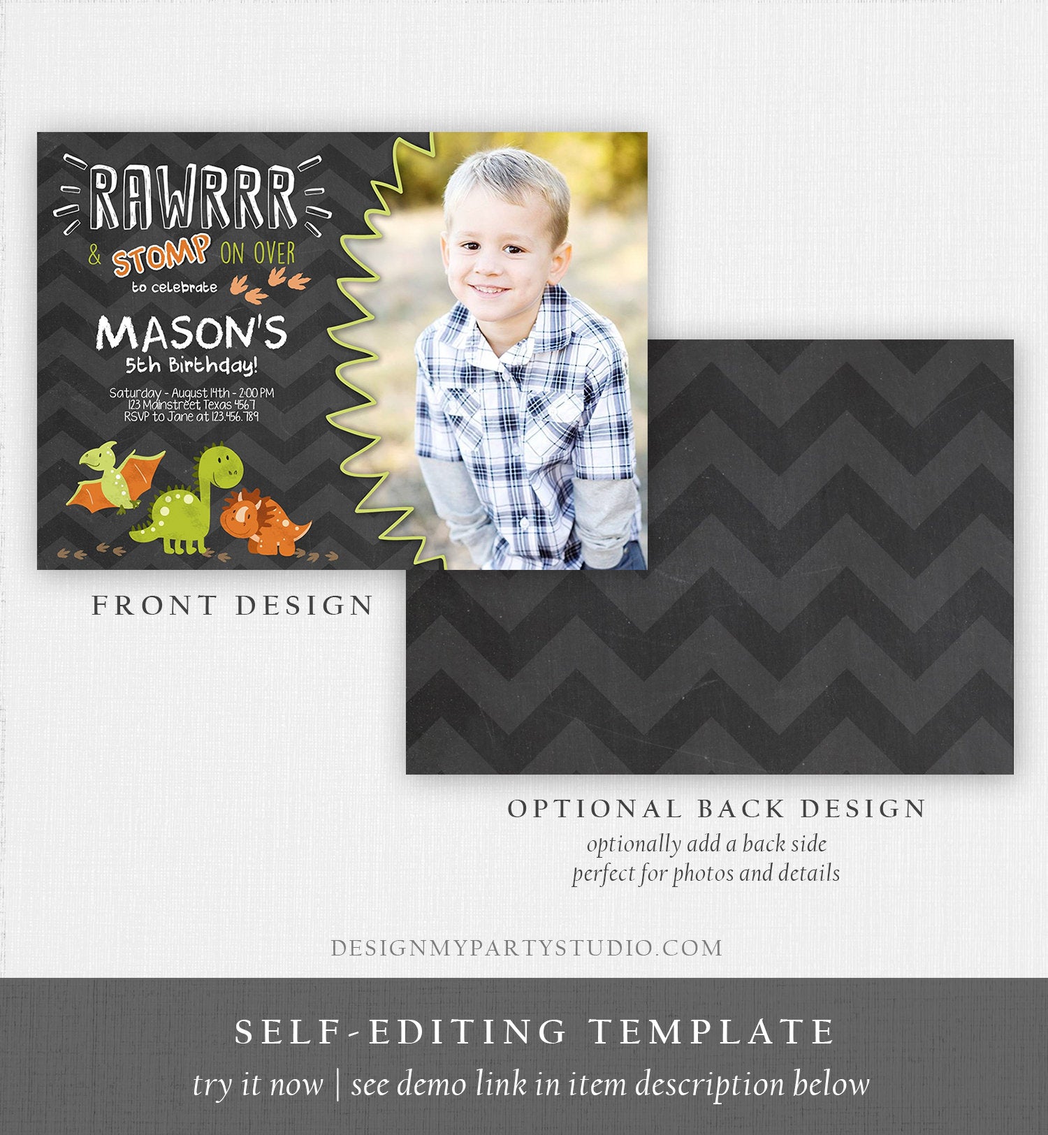 Editable Dinosaur Birthday Invitation Dino Dig Party Prehistoric Boy Chalk T-Rex Photo Rawr Roar Digital Download Printable Template Corjl