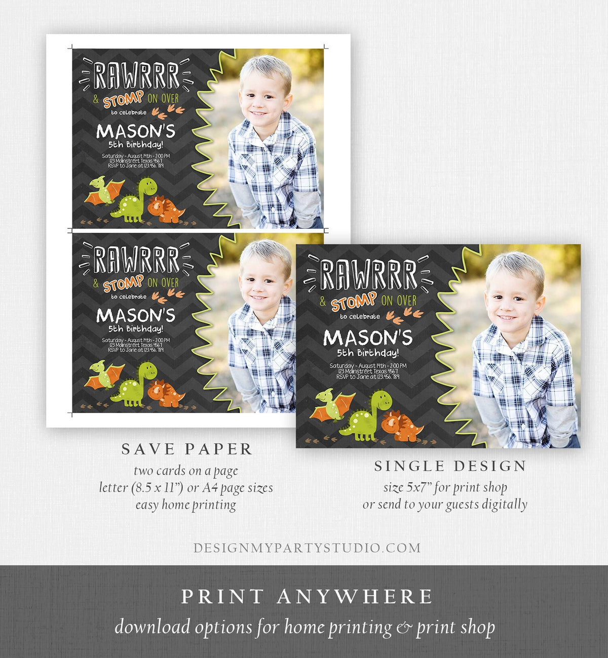 Editable Dinosaur Birthday Invitation Dino Dig Party Prehistoric Boy Chalk T-Rex Photo Rawr Roar Digital Download Printable Template Corjl