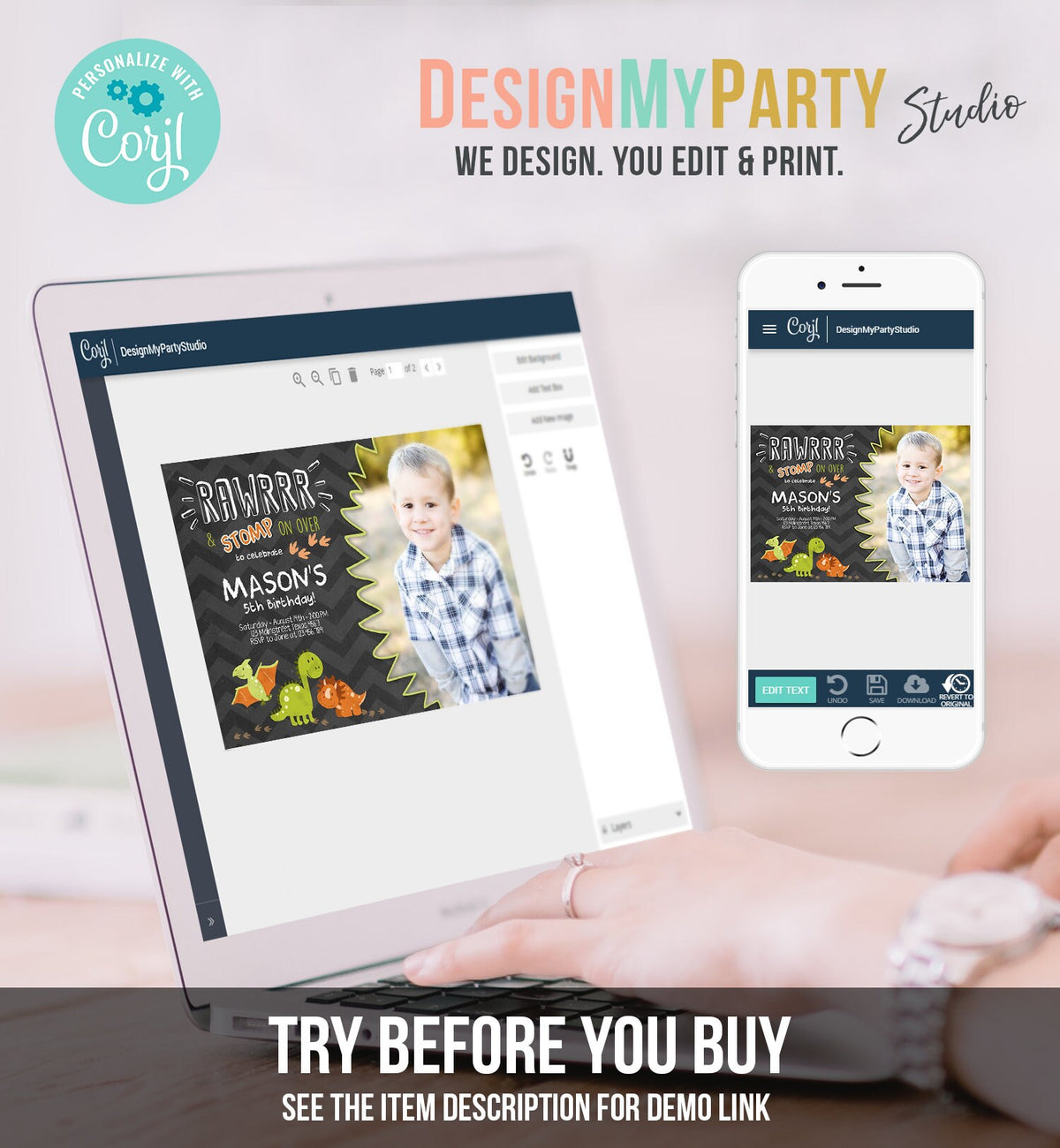 Editable Dinosaur Birthday Invitation Dino Dig Party Prehistoric Boy Chalk T-Rex Photo Rawr Roar Digital Download Printable Template Corjl