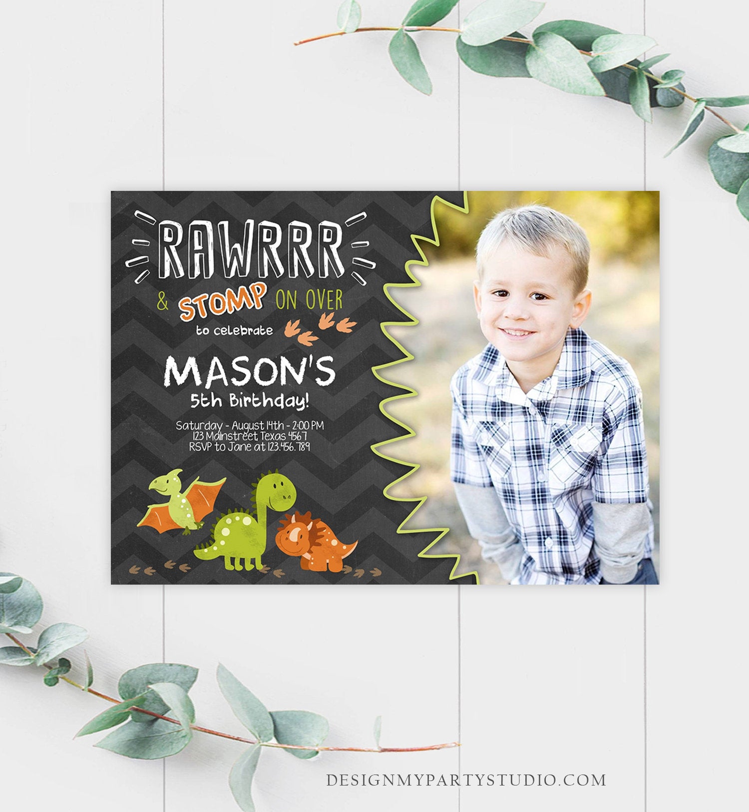 Editable Dinosaur Birthday Invitation Dino Dig Party Prehistoric Boy Chalk T-Rex Photo Rawr Roar Digital Download Printable Template Corjl