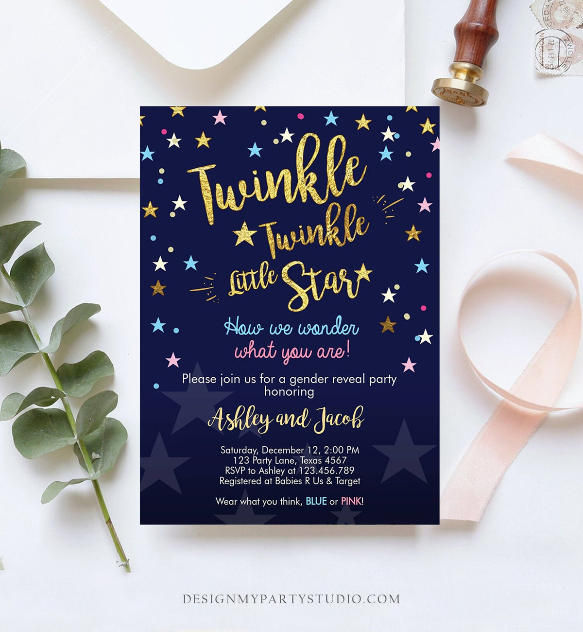 Editable Gender Reveal Invitation Baby Shower Twinkle Twinkle Little Star Blue or Pink He or She Gold Pink Blue Download Corjl Template 0235