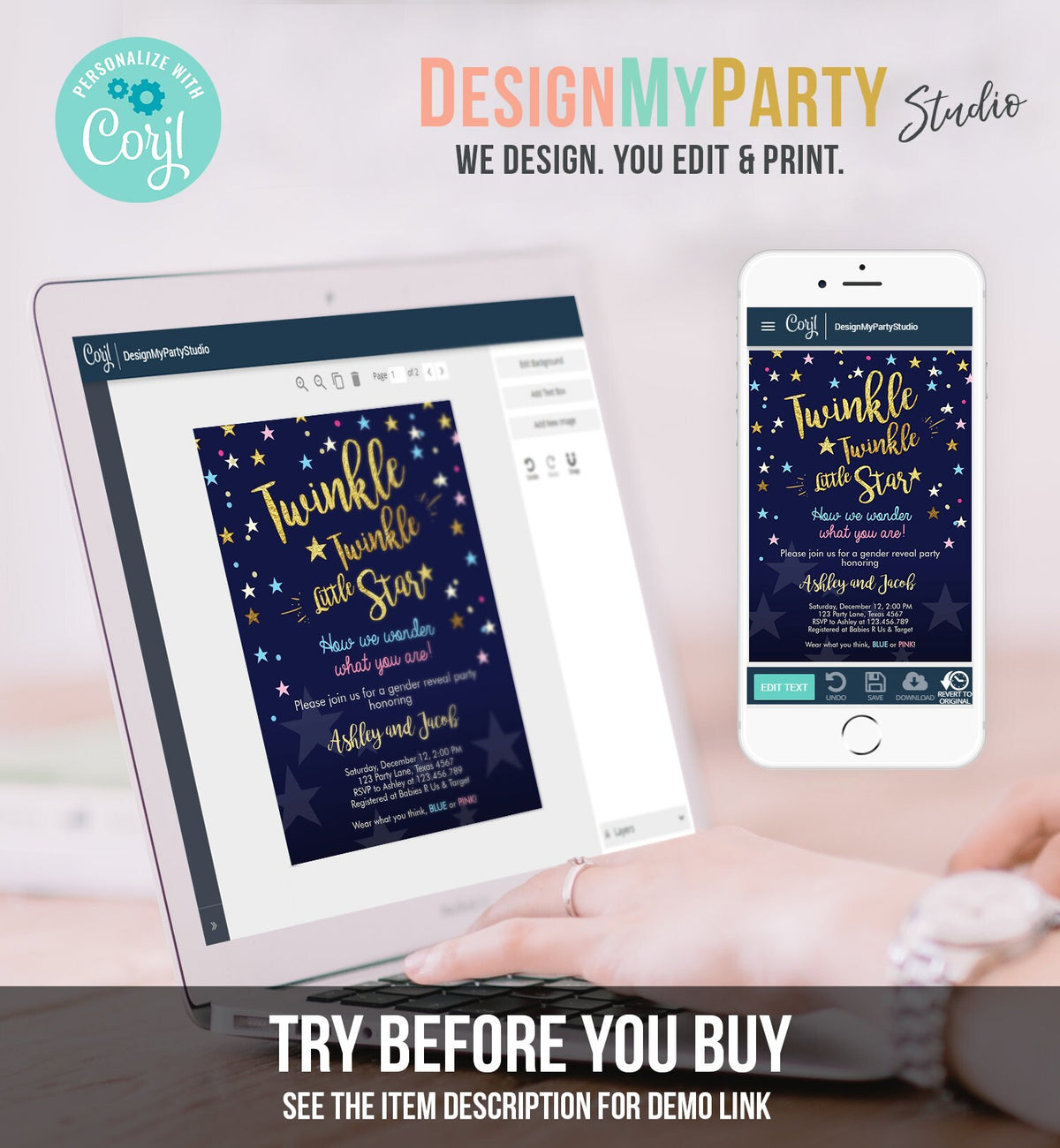 Editable Gender Reveal Invitation Baby Shower Twinkle Twinkle Little Star Blue or Pink He or She Gold Pink Blue Download Corjl Template 0235