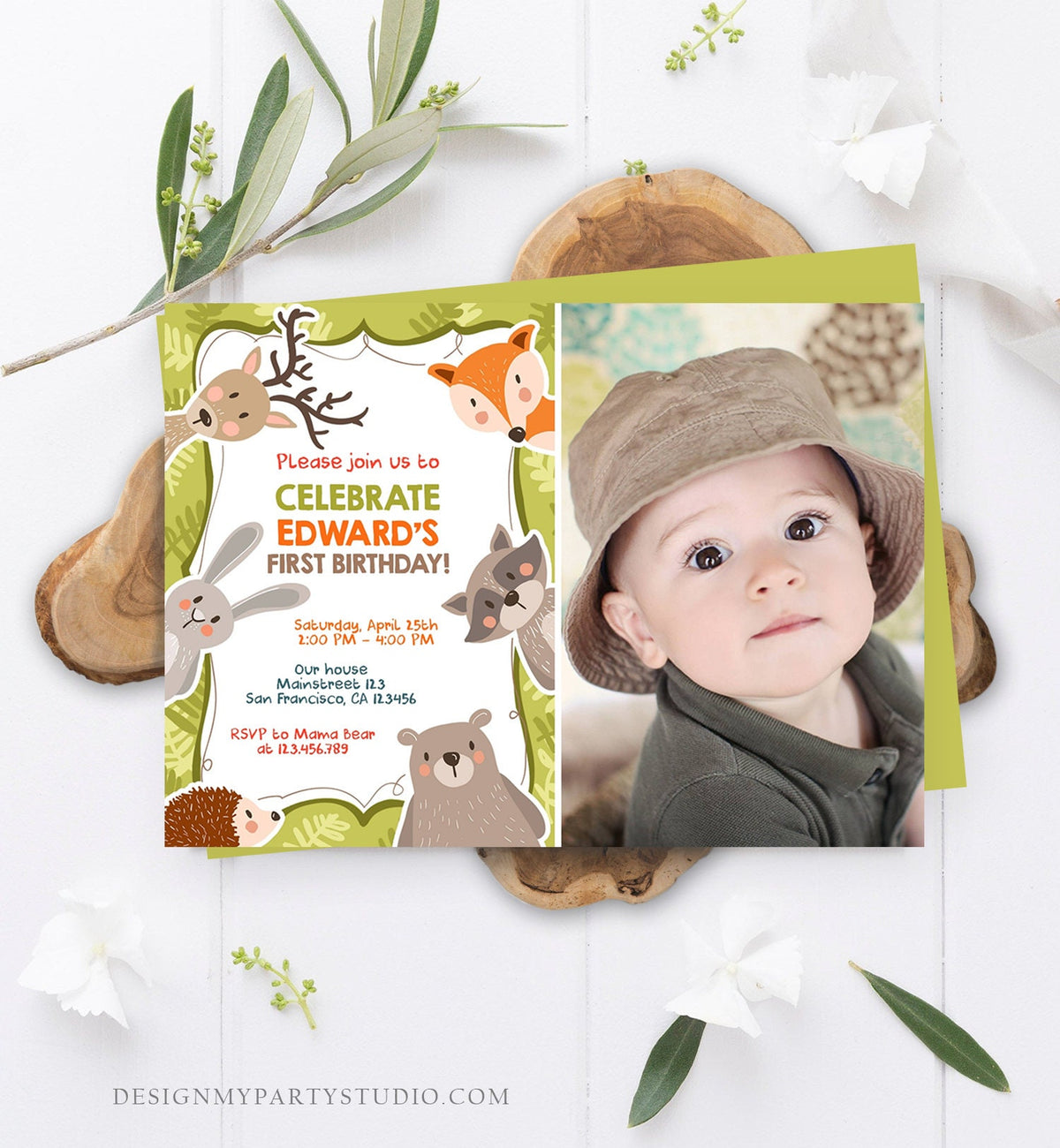 Editable Woodland Birthday Invitation Forest Animals Boy Birthday Bear Forest Wild One Fox Deer Download Printable Template Corjl 0084