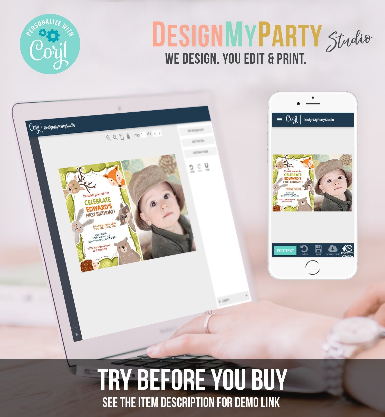 Editable Woodland Birthday Invitation Forest Animals Boy Birthday Bear Forest Wild One Fox Deer Download Printable Template Corjl 0084