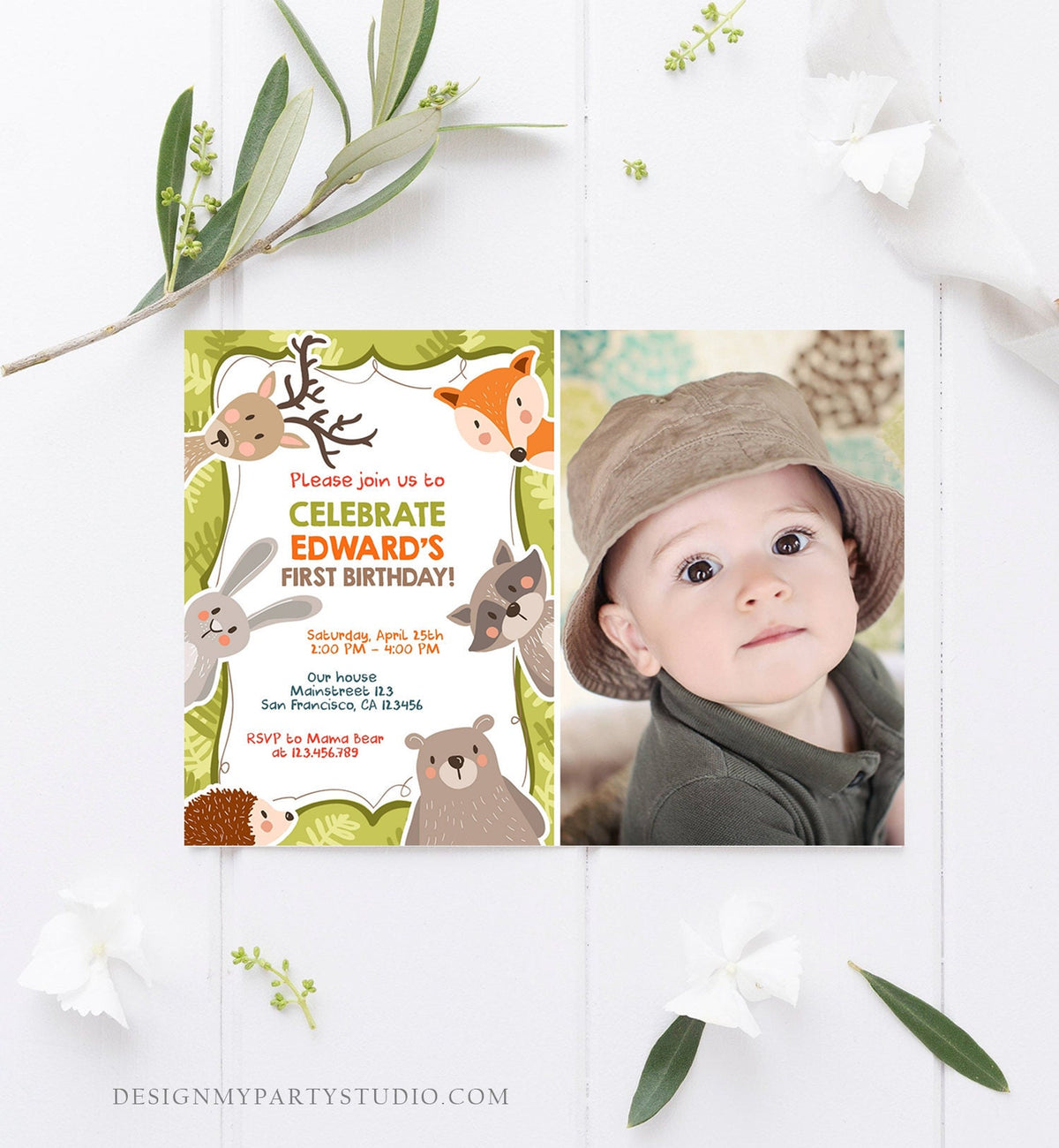 Editable Woodland Birthday Invitation Forest Animals Boy Birthday Bear Forest Wild One Fox Deer Download Printable Template Corjl 0084