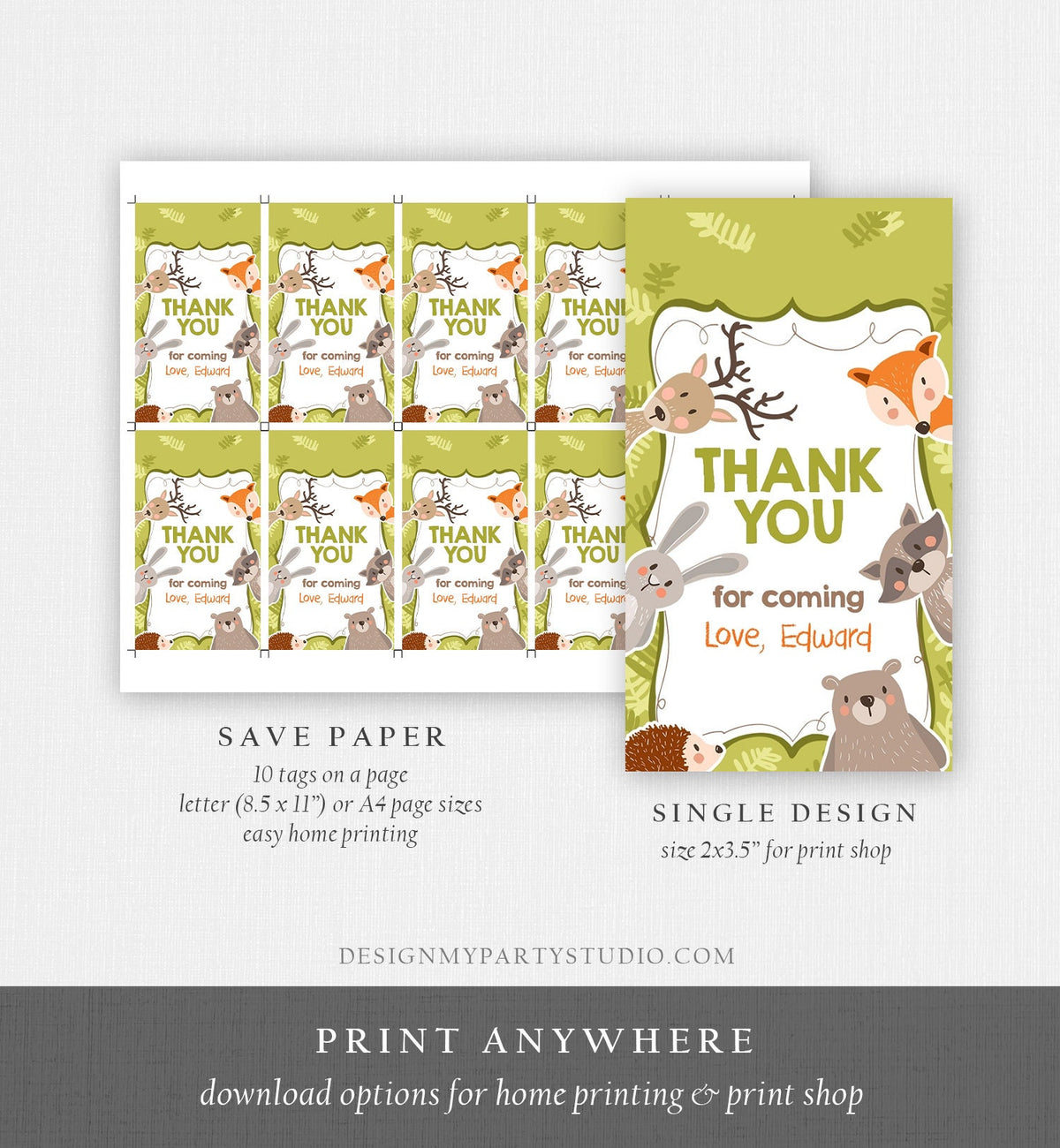 Editable Woodland Favor tags Woodland Animals Thank you tags Label tags Forest Animals Thank you Bear Fox Bunny Birthday Template Corjl 0084