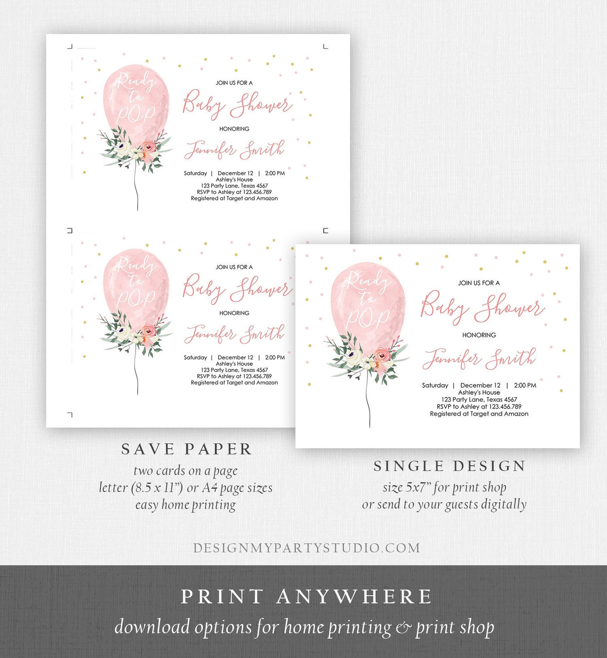 Editable Ready to Pop Baby Shower Invitation Floral Balloon Pink Gold Girl Flowers Instant Download Printable Template Digital Corjl 0221