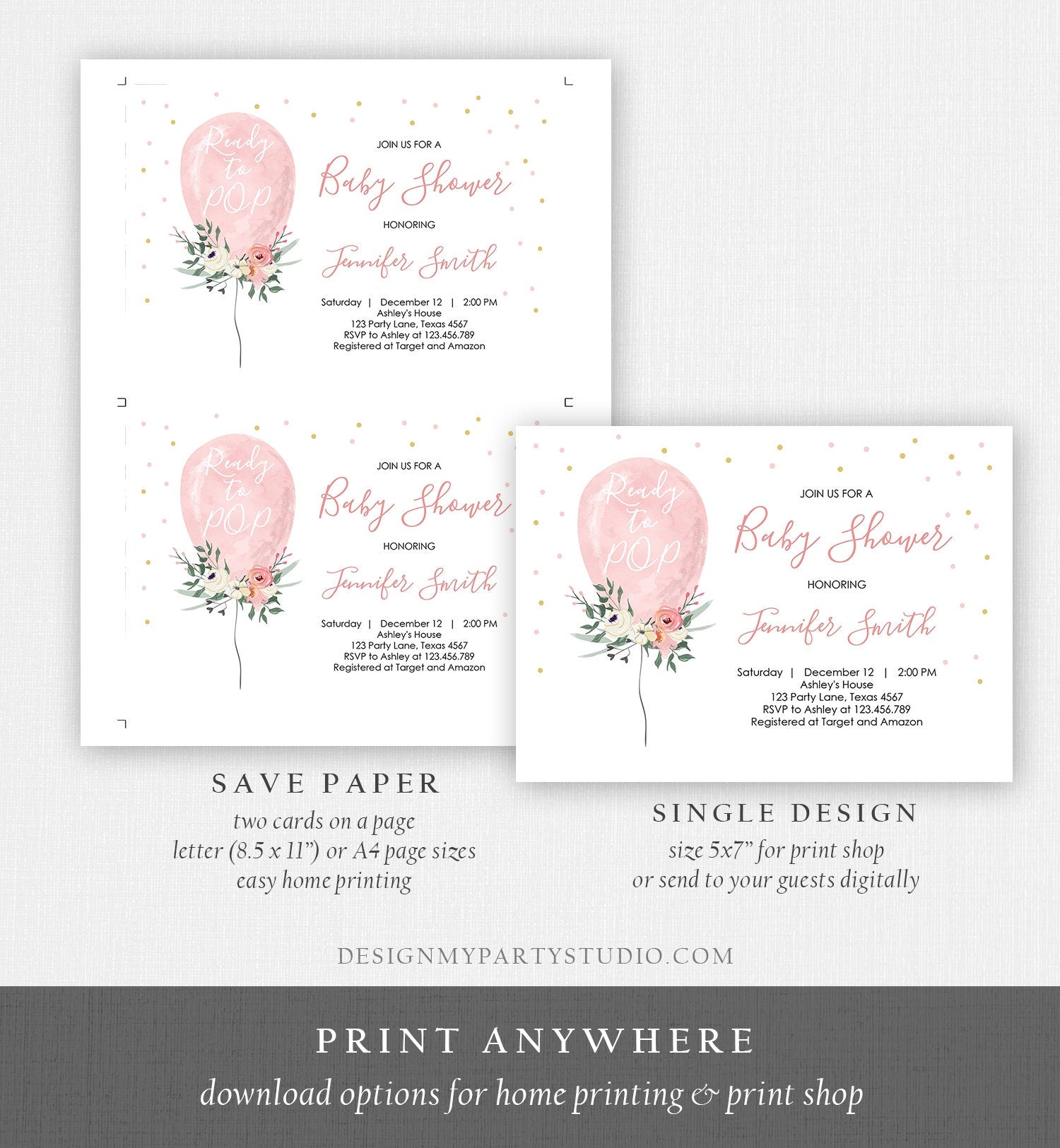 Editable Ready to Pop Baby Shower Invitation Floral Balloon Pink Gold Girl Flowers Instant Download Printable Template Digital Corjl 0221