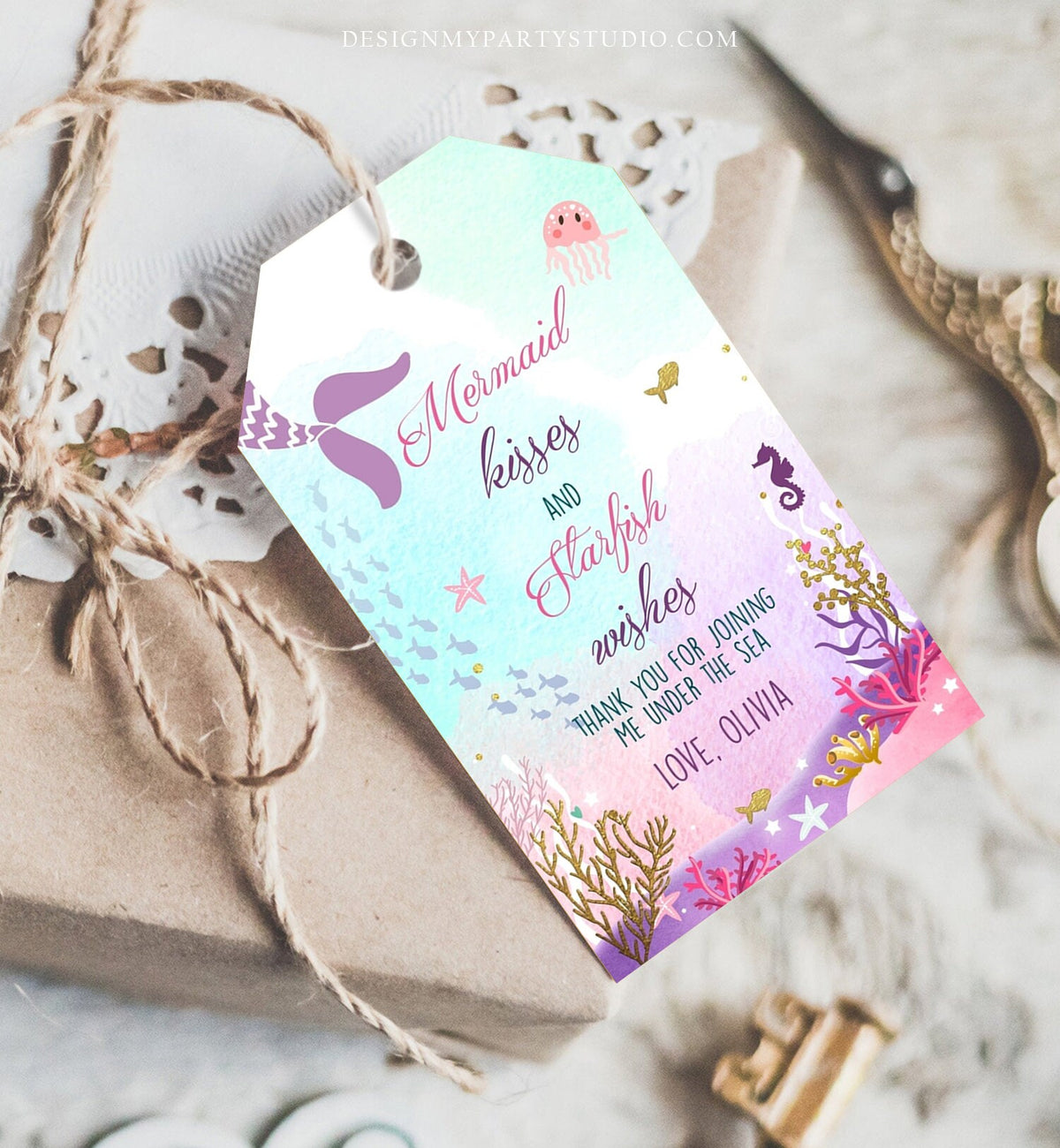 Editable Mermaid Birthday Favor Tags Under The Sea Thank you tags Mermaid Kisses Starfish Wishes Girl Pink Template Corjl PRINTABLE 0076