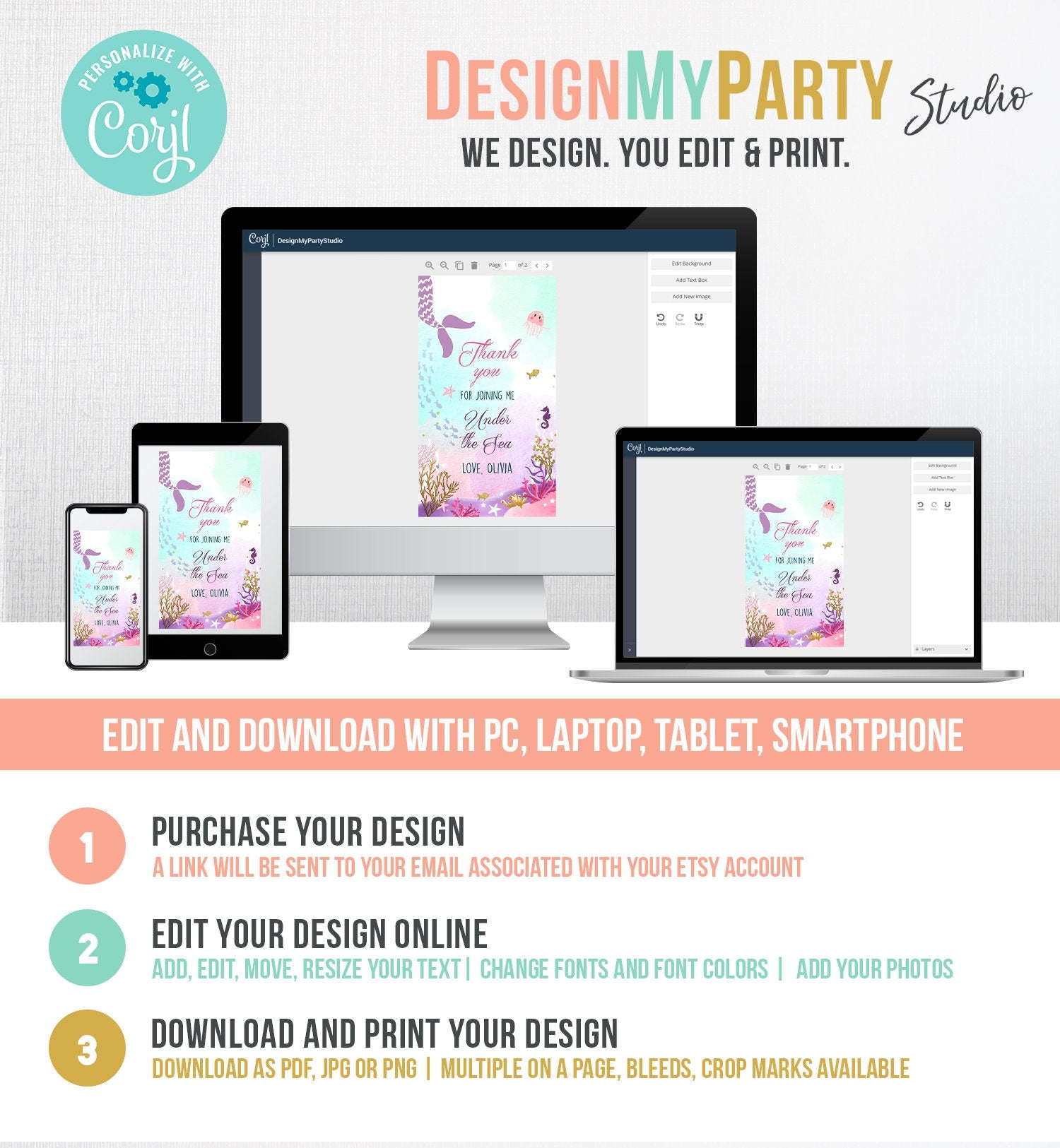 Editable Mermaid Birthday Favor Tags Under The Sea Thank you tags Mermaid Tail Birthday Mermaid tags Girl Pink Template Corjl PRINTABLE 0076