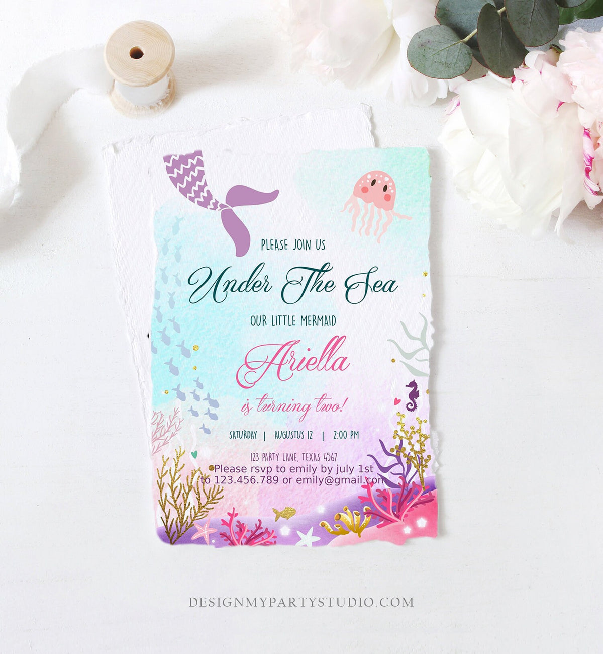 Editable Under The Sea Birthday Invitation First Birthday Mermaid Tail Invite Girl Pink Purple Gold Download Printable  Template Corjl 0076