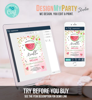 Editable One in a Melon Birthday Invitation Watermelon Invite Melon Party Summer Fruit Girl Download Printable Template Digital Corjl 0093