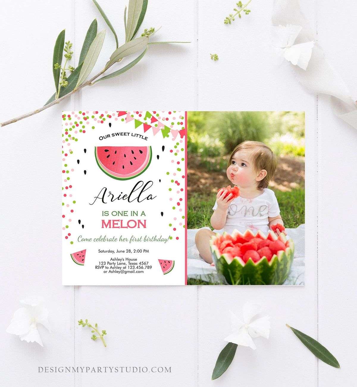 Editable One in a Melon Birthday Invitation Watermelon Invite Melon Party Summer Fruit Girl Download Printable Template Digital Corjl 0093