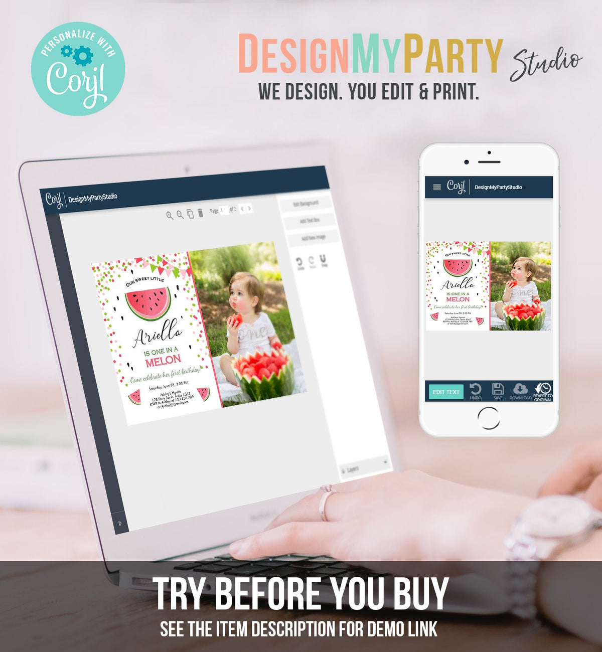 Editable One in a Melon Birthday Invitation Watermelon Invite Melon Party Summer Fruit Girl Download Printable Template Digital Corjl 0093