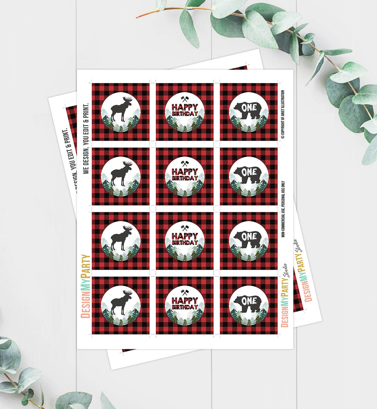 Lumberjack Cupcake Toppers Favor Tags Birthday Party Decoration Buffalo Plaid Trees Bear Birthday Decor download Digital PRINTABLE 0377
