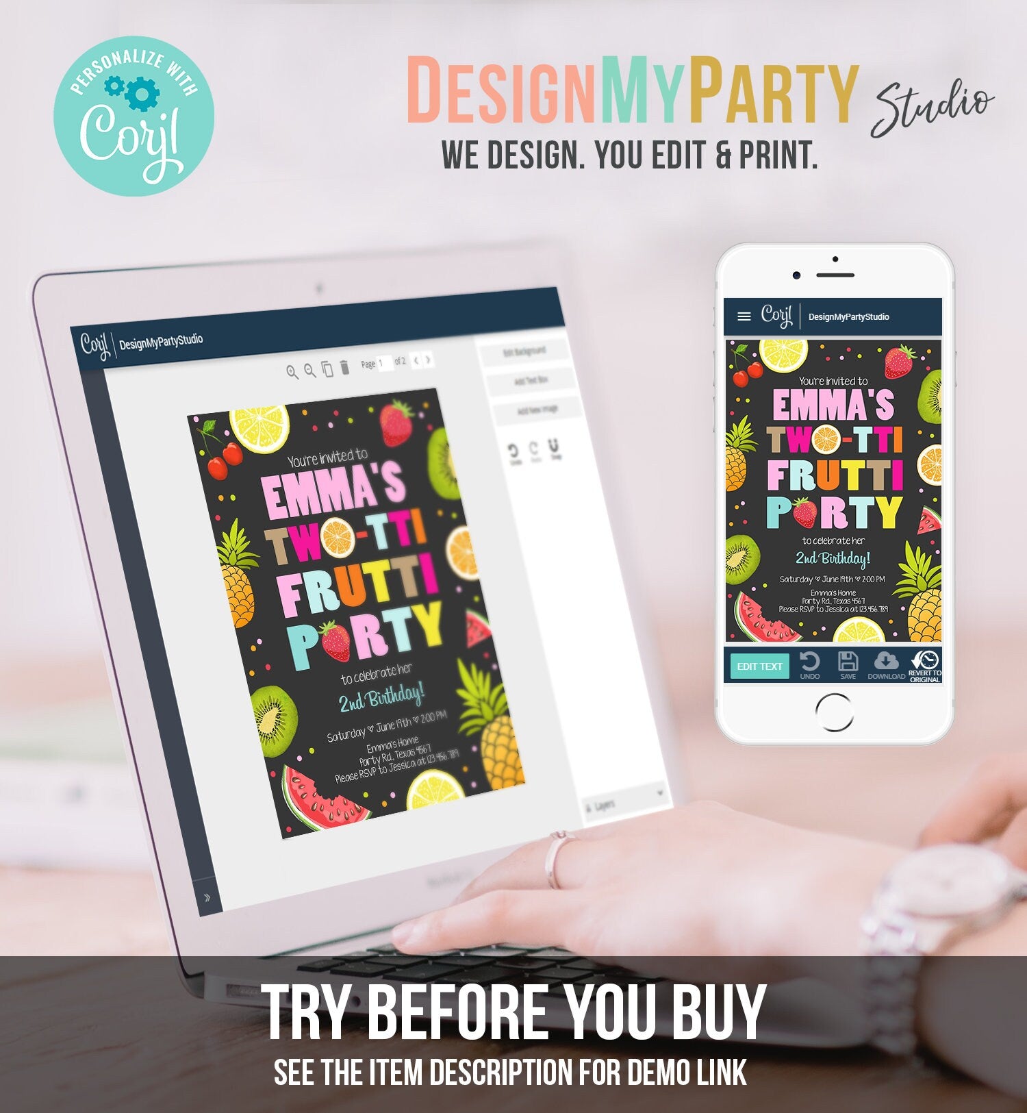 Editable Two-tti Frutti Birthday Invitation Tutti Frutti Party Fruit Tropical Summer Instant Download Printable Template Digital Corjl 0127