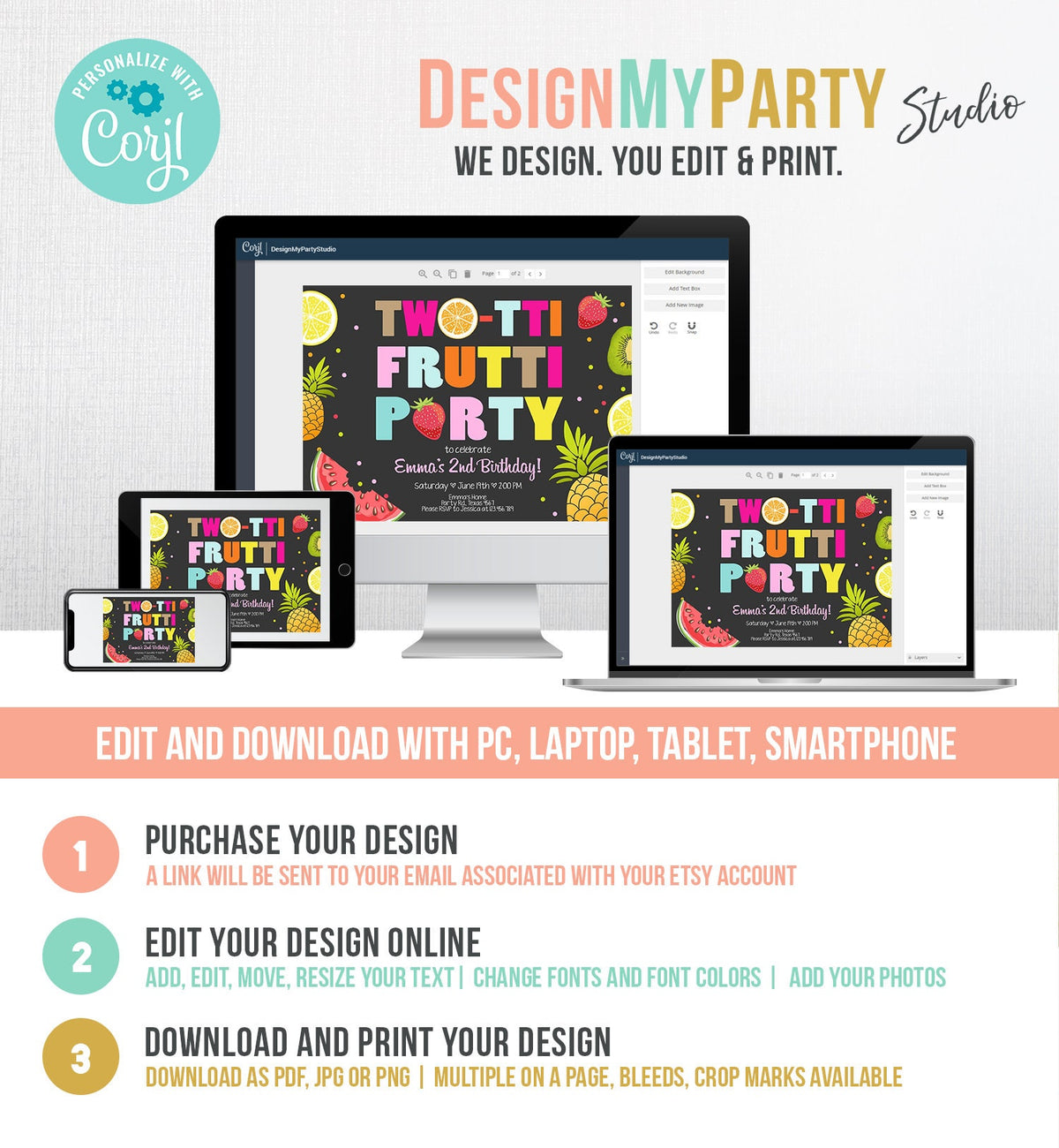 Editable Two-tti Frutti Birthday Invitation Tutti Frutti Party Fruit Tropical Summer Instant Download Printable Template Digital Corjl 0127