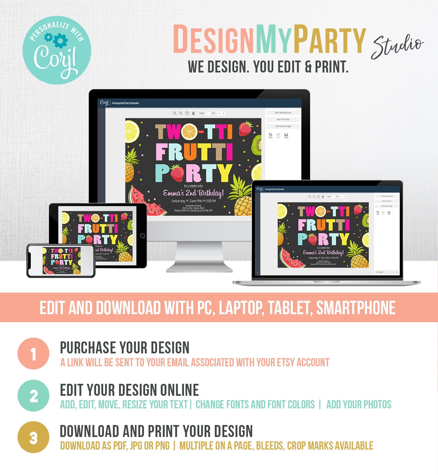 Editable Two-tti Frutti Birthday Invitation Tutti Frutti Party Fruit Tropical Summer Instant Download Printable Template Digital Corjl 0127