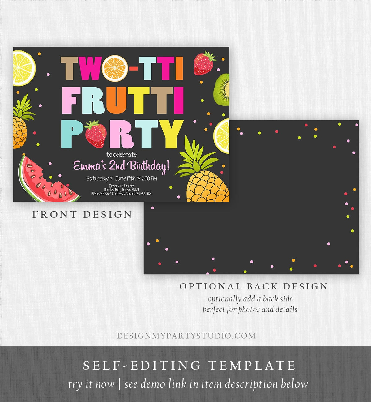 Editable Two-tti Frutti Birthday Invitation Tutti Frutti Party Fruit Tropical Summer Instant Download Printable Template Digital Corjl 0127