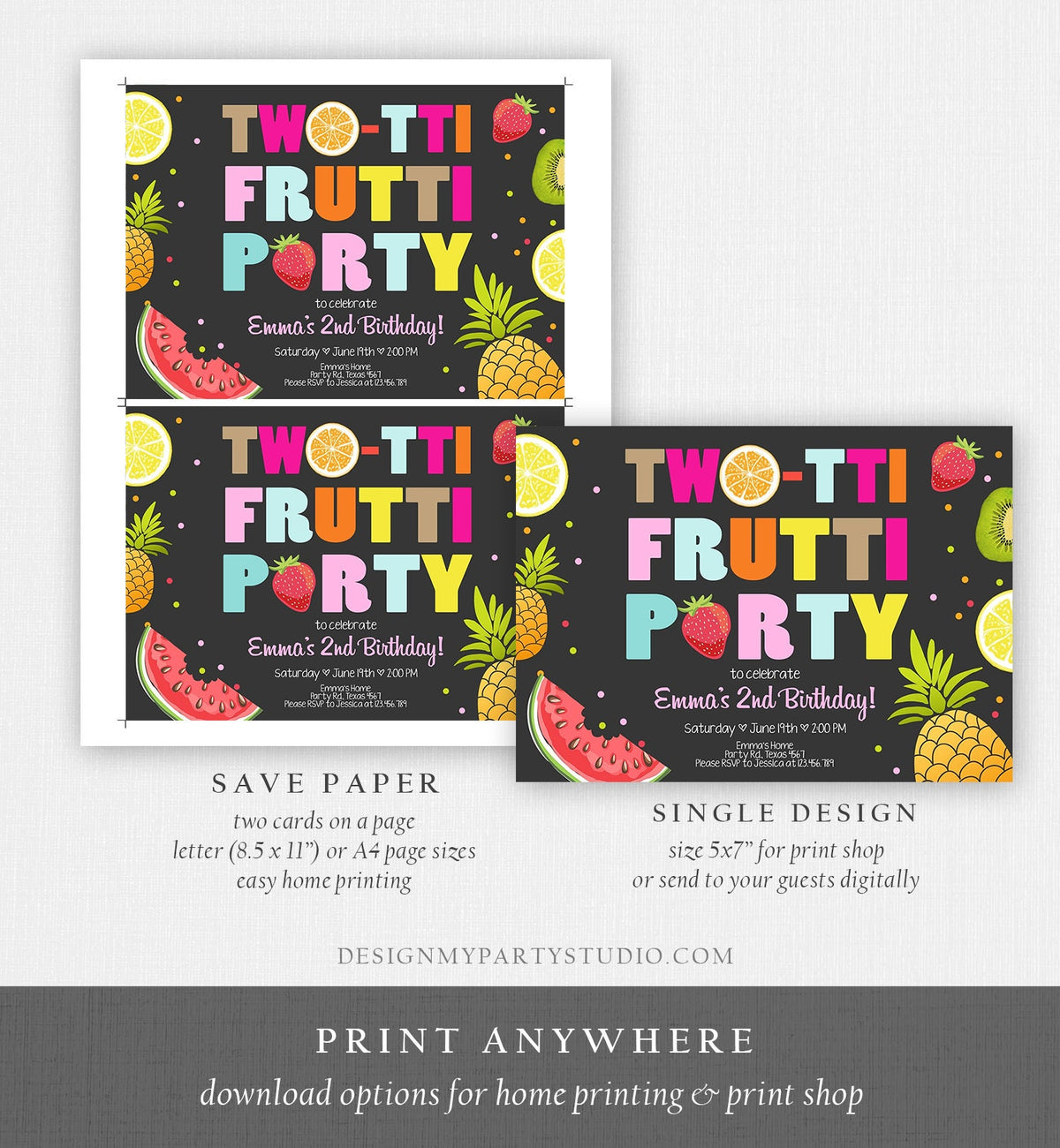 Editable Two-tti Frutti Birthday Invitation Tutti Frutti Party Fruit Tropical Summer Instant Download Printable Template Digital Corjl 0127